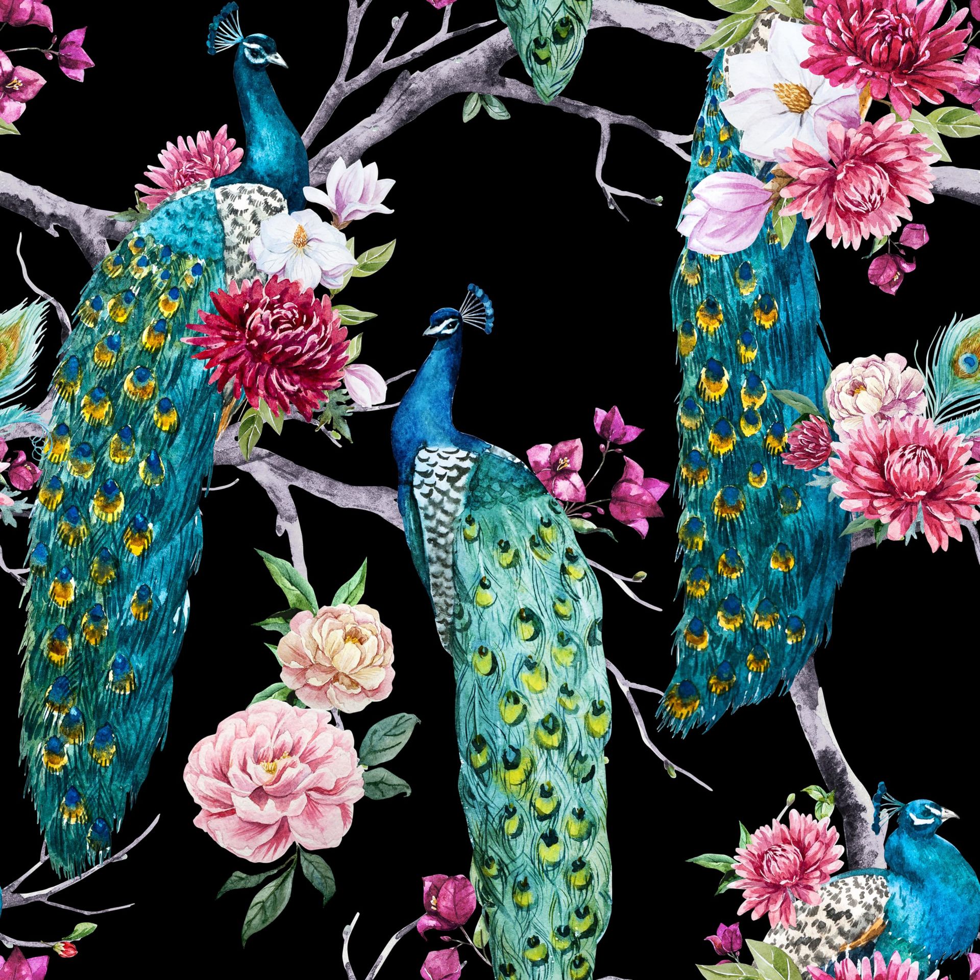 Peacock Floral Wallpaper Self Adhesive Vinyl Peel & Stick Design for Walls Furniture & DIY Projects - Black 44.5x1200cm