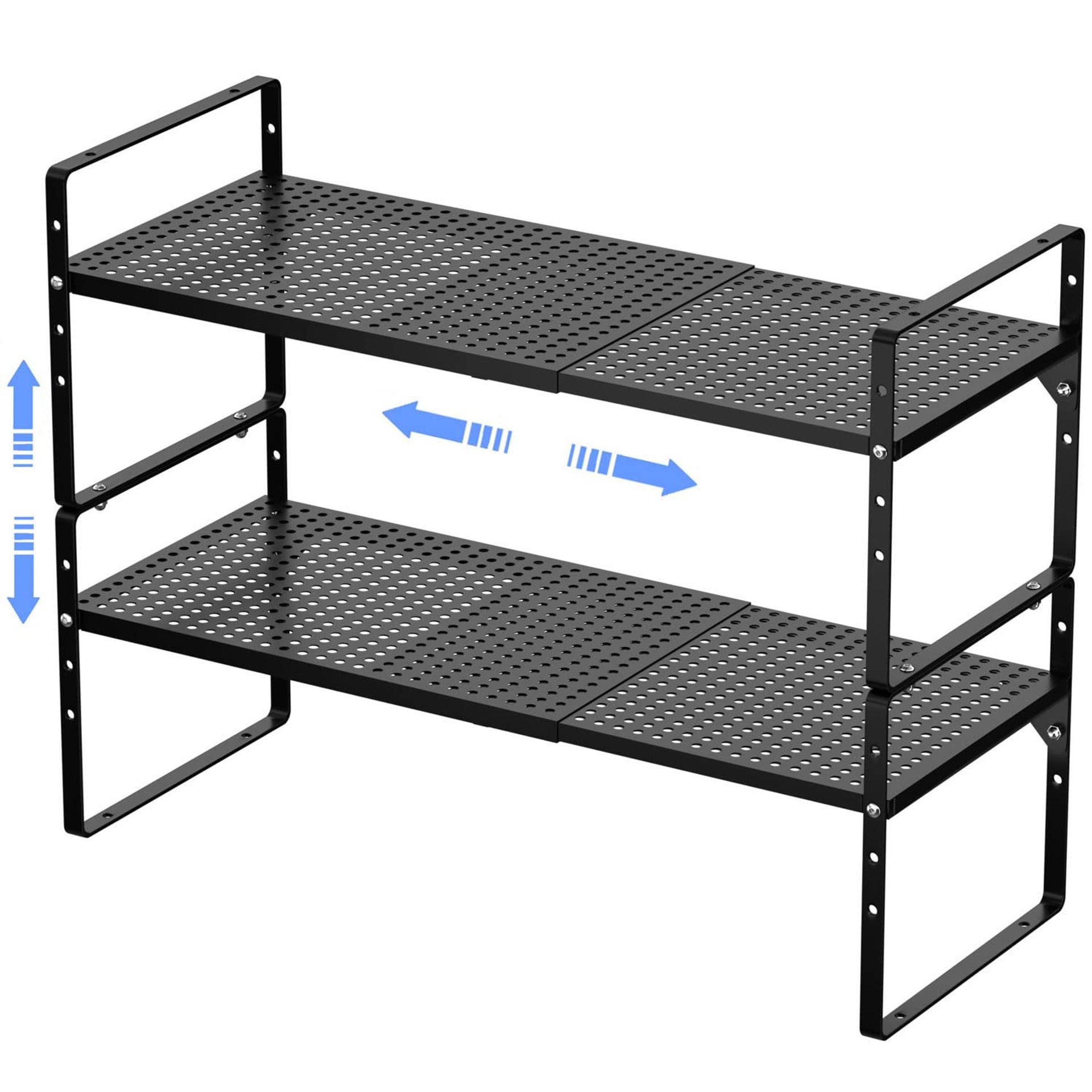 Expandable Kitchen Cabinet Shelf Organisers 2 Pack Stackable Metal Counter Storage Racks Adjustable Pantry Divider - White 2 Pack