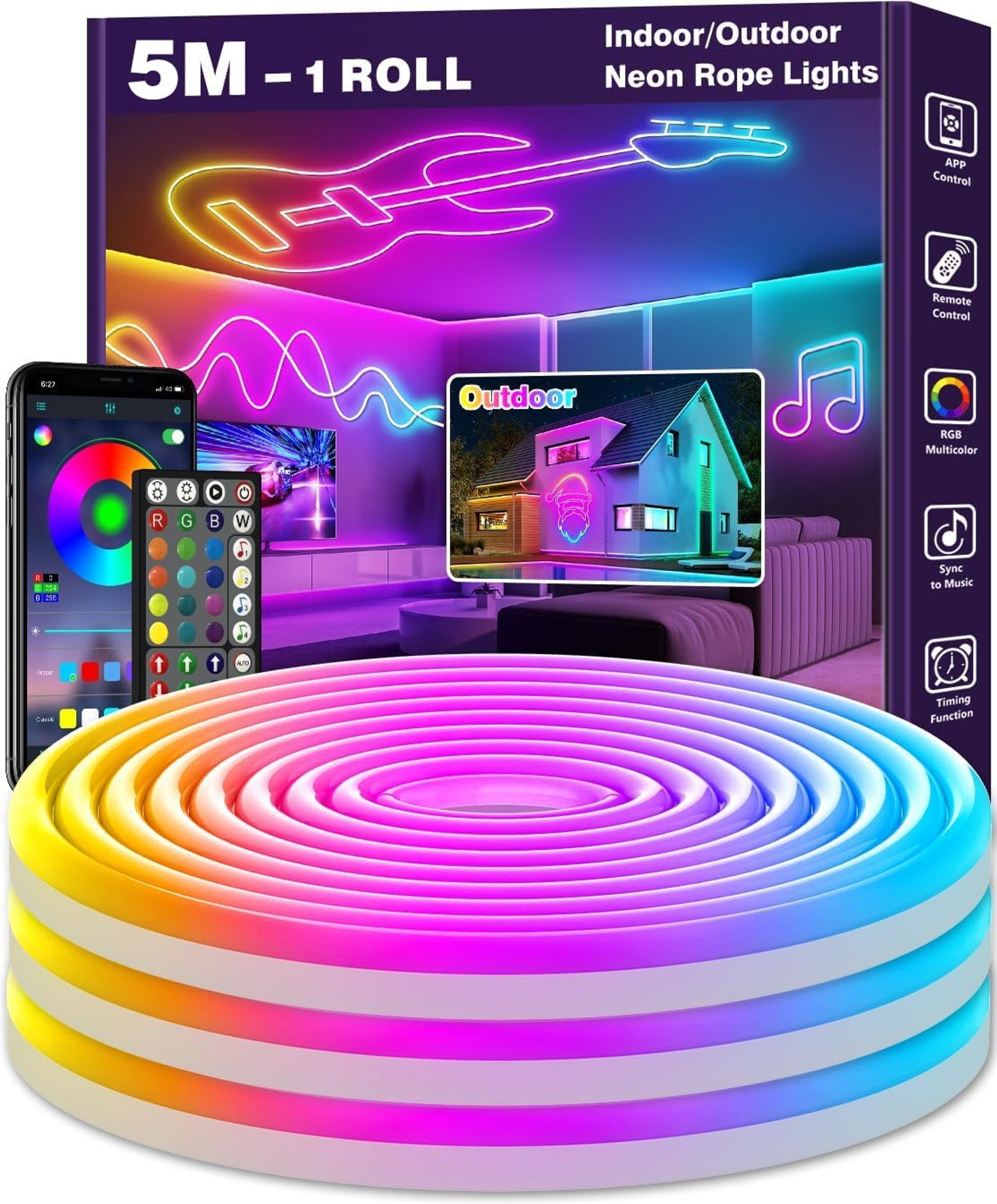 LED Neon Rope Light 5m Flexible Strip with App & Remote Control RGB Music Sync Lighting for Bedroom or Gaming Setup - Multicolour Neon