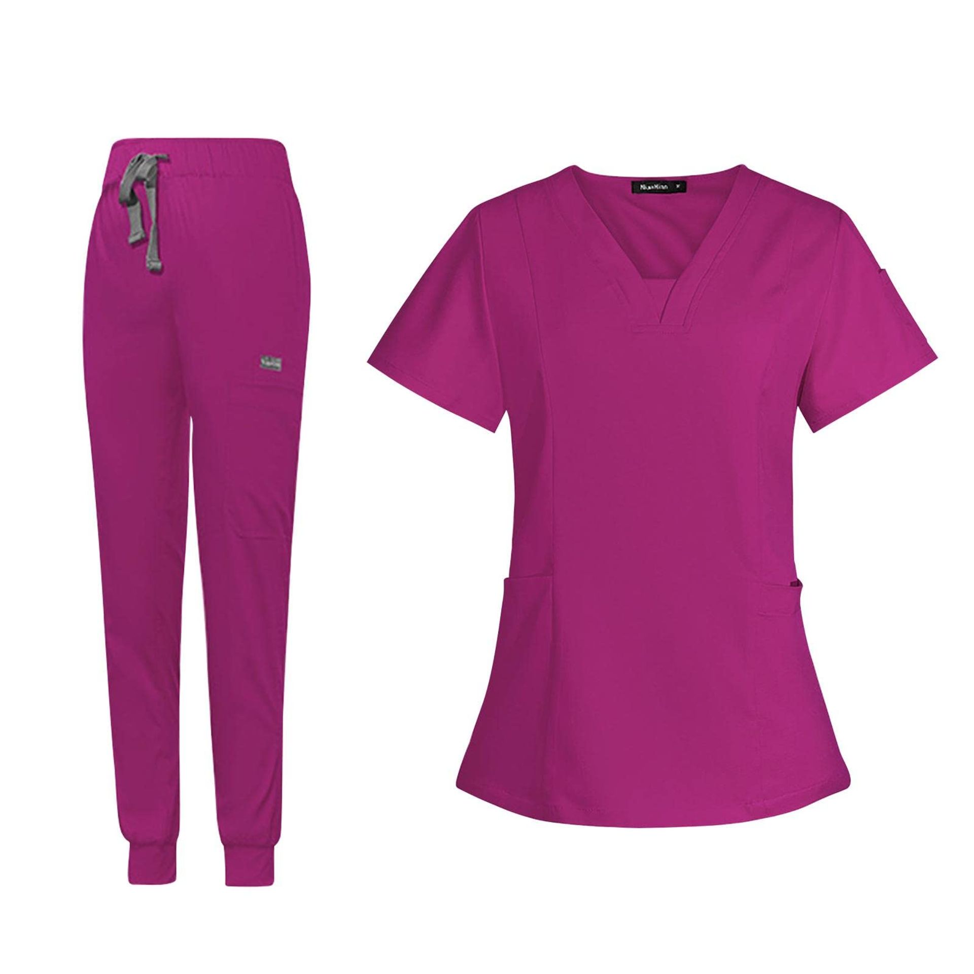 Women's Scrub Set Short Sleeve V-Neck Top & Elastic Drawstring Trousers Workwear - Rose Red XXL