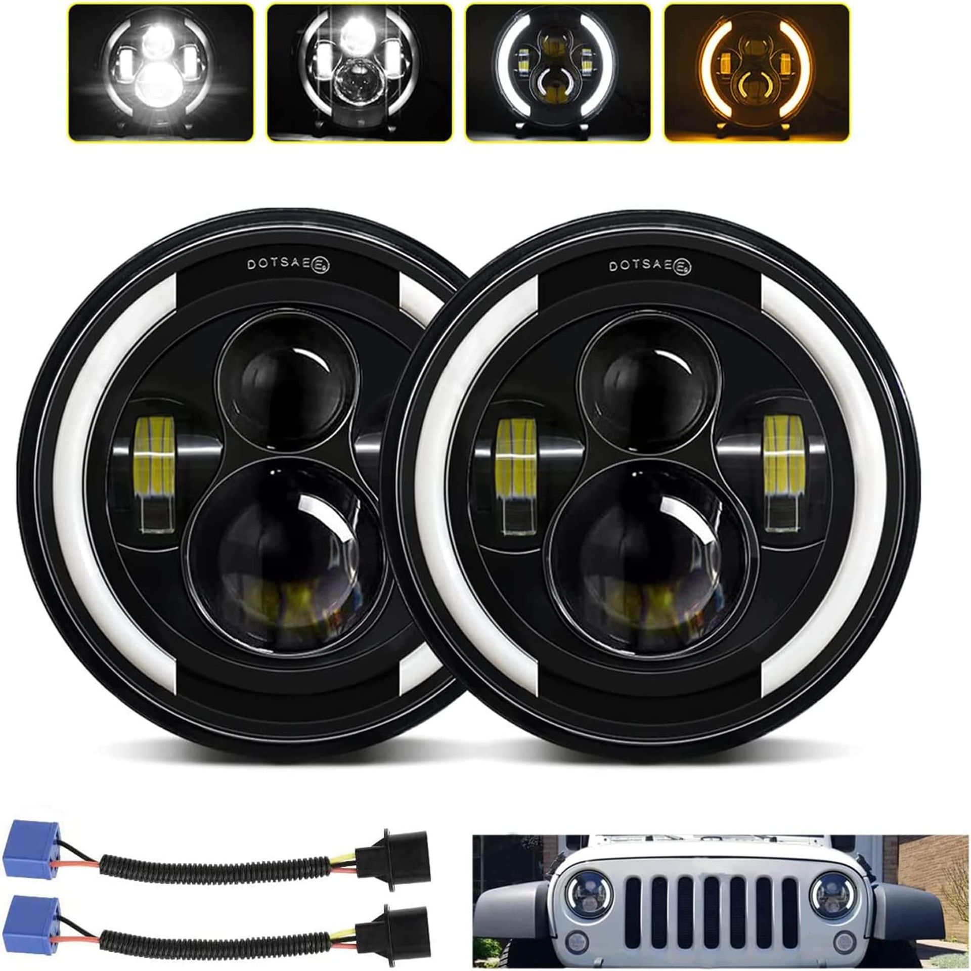 7 Inch Round LED Headlights 100W 10000LM 4 Lens Angel Eyes 4 Modes Lighting For Off-Road and Jeep Vehicles - Black 2PCS