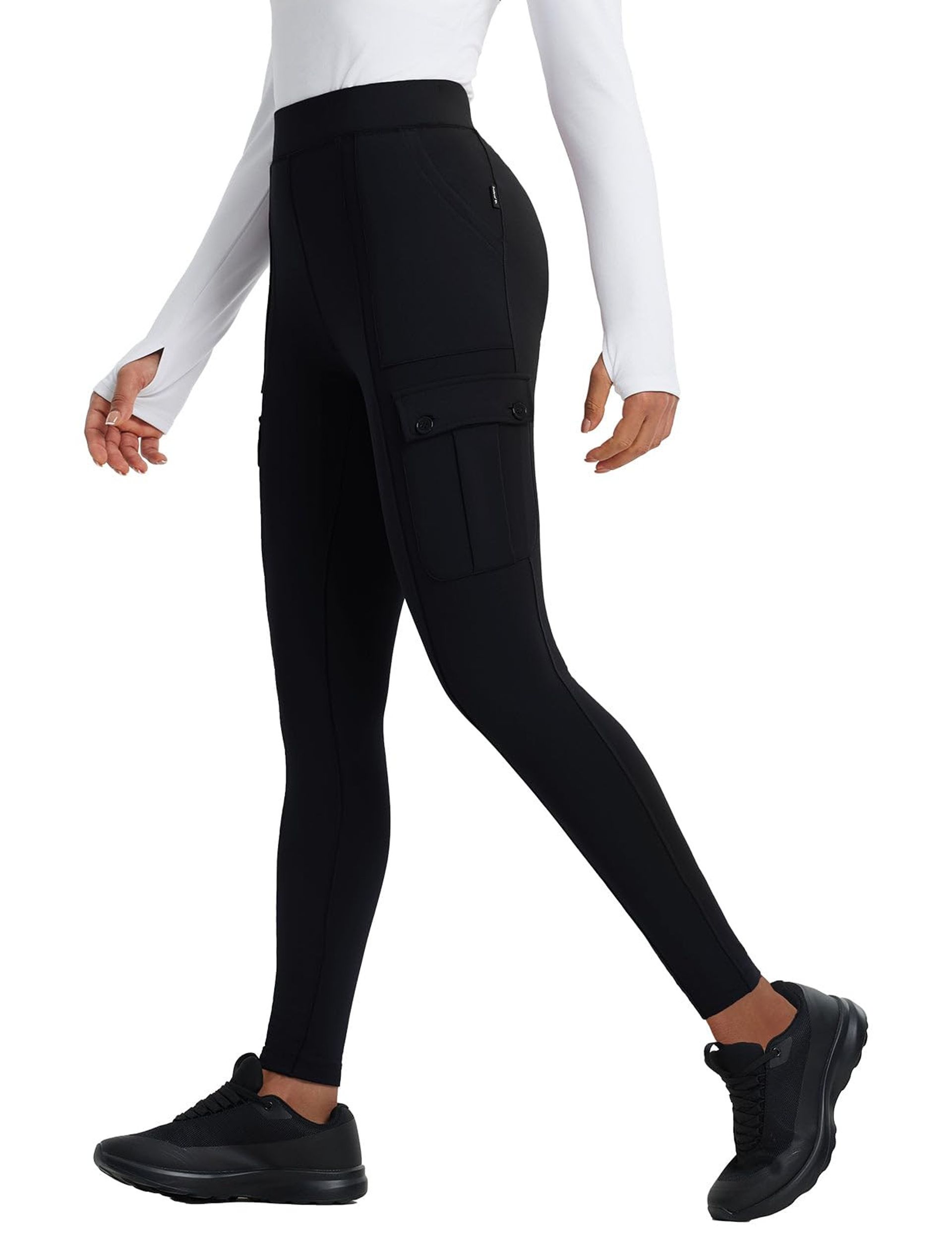Women's Thermal Fleece Lined Leggings Water Resistant Warm Winter Pants with Pockets for Hiking and Running - Black L