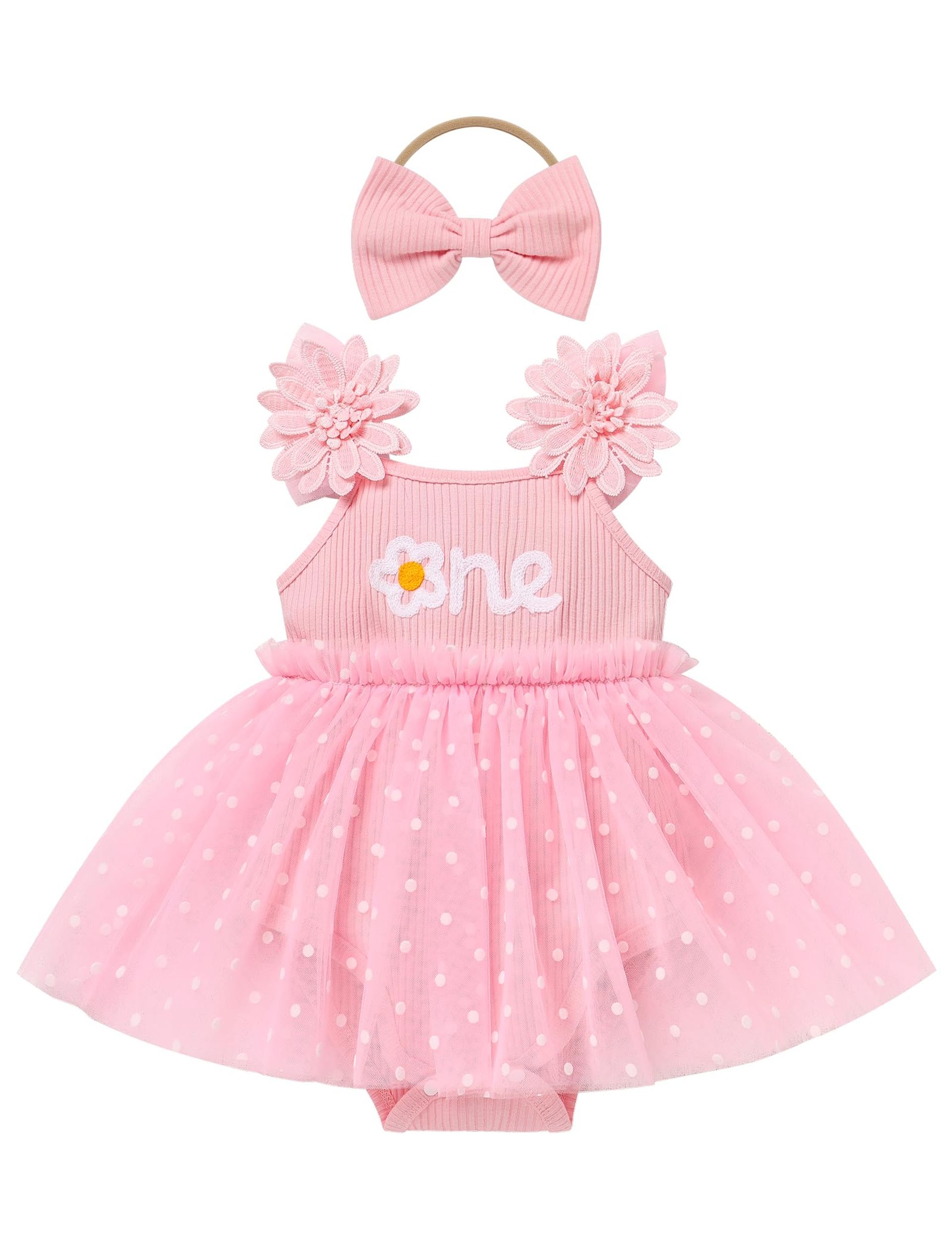 Baby Girl 1st Birthday Outfit Flower Embroidery Polka Dot Tulle Dress with Bow Headband - Pink 9-12 Months