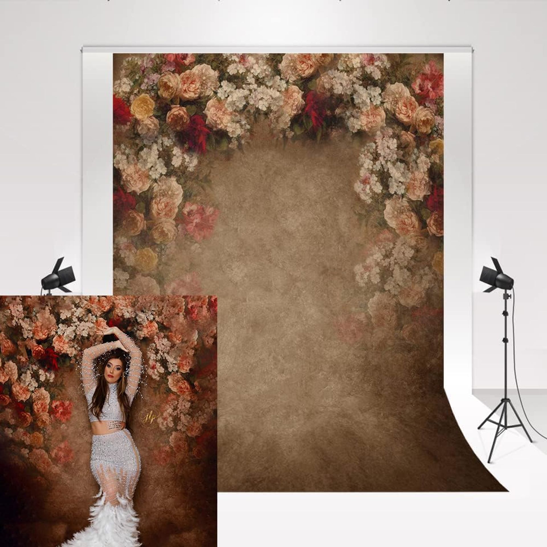 Photography Backdrop Microfibre Retro Luxurious Flower Design for Studio, Wedding & Portraits - Brown 2x3m