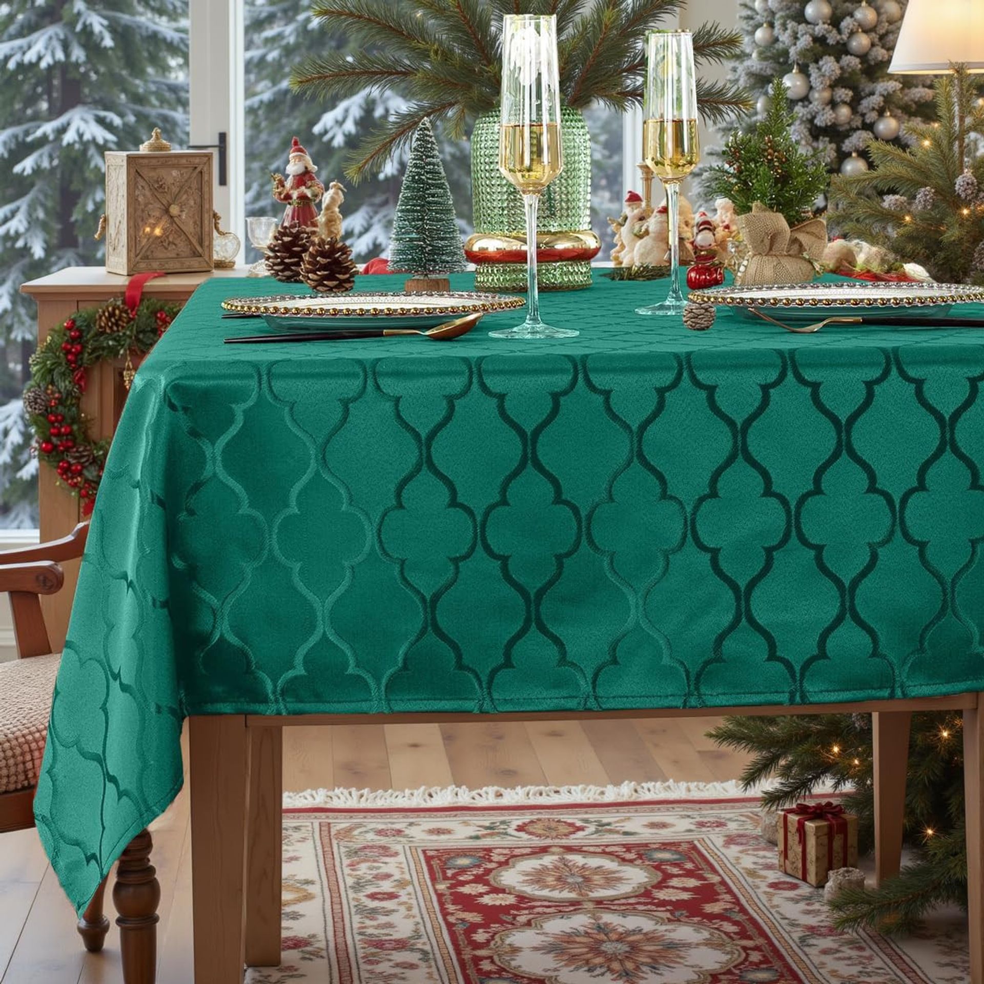Christmas Tablecloth Jacquard Pattern Spill-Proof Dust-Resistant Wrinkle-Free Polyester Cover for Festive Dining - Christmas Green 120 x 60 inch - Spring Refresh