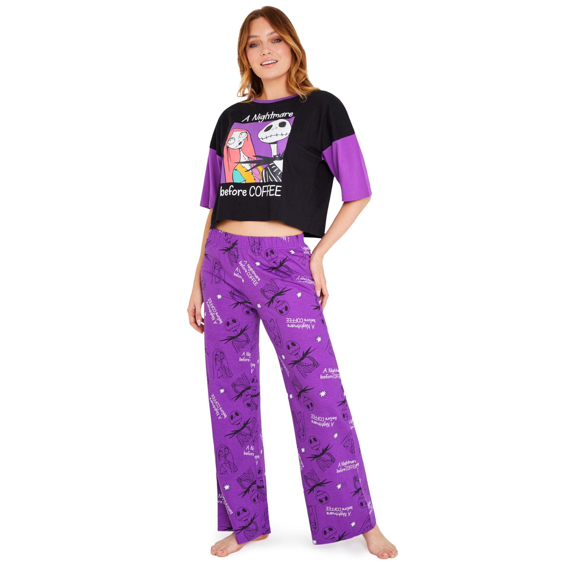 Women's Disney Pyjamas Set Cosy Long Sleeve Nightwear Lounge PJs Gift Idea - Purple/Black Jack S