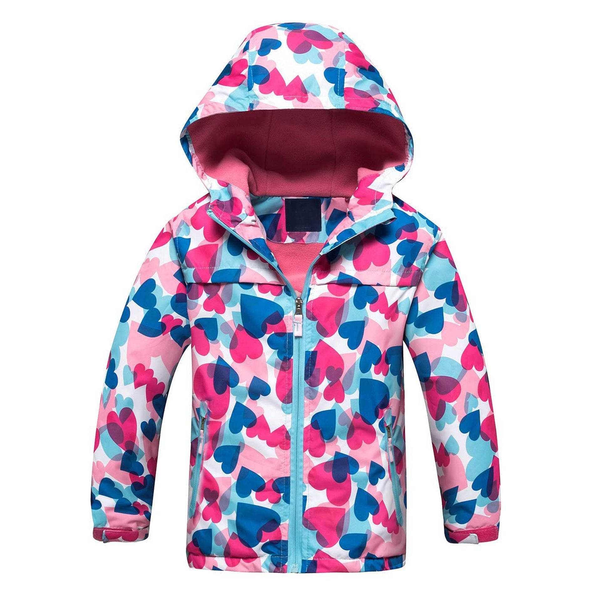 Girls Waterproof Rain Jacket Lightweight Fleece Windbreaker for 3-10 Years - Blue Love 9-10 Years