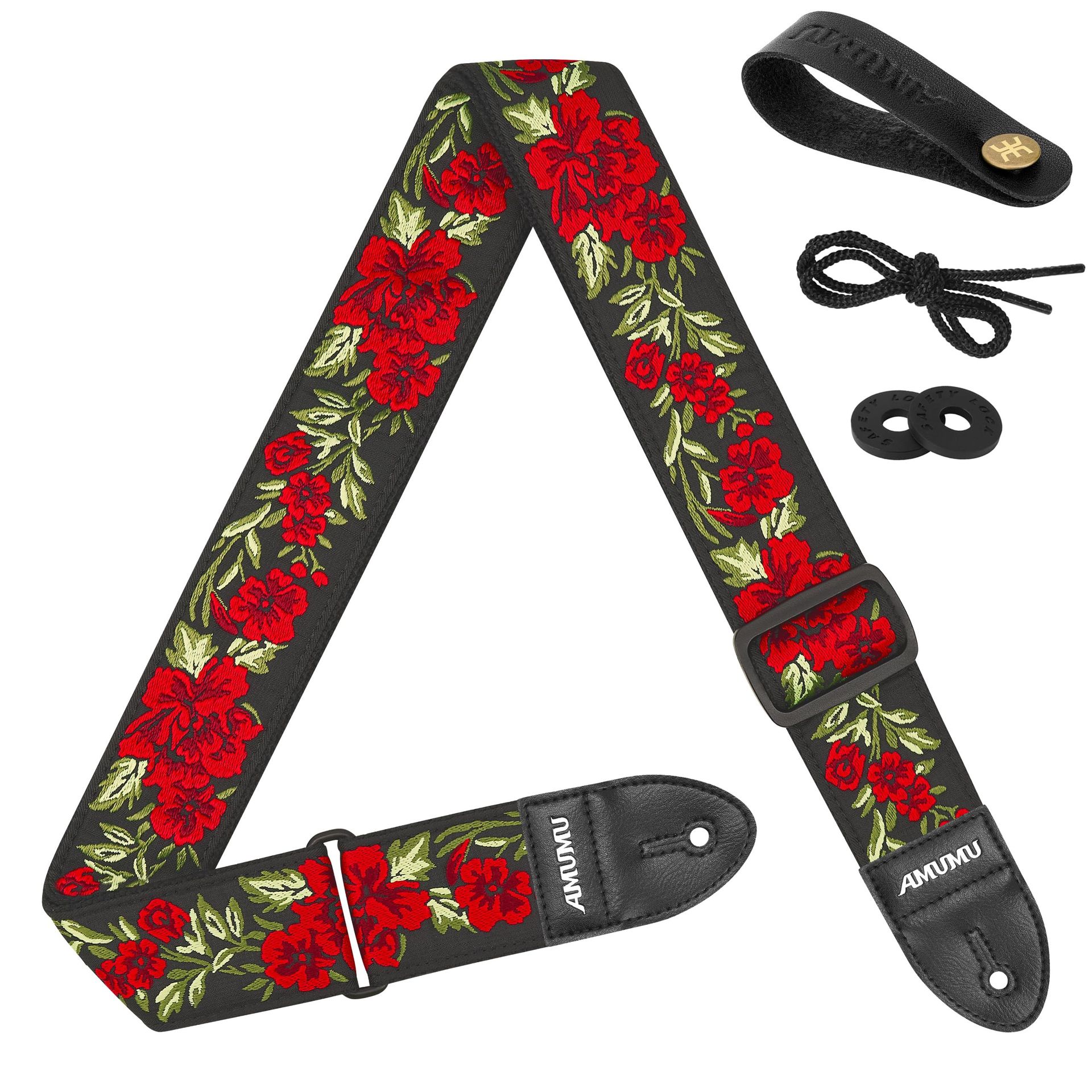 Guitar Strap 2-Inch Embroidered Cotton with Vegan Leather Ends Adjustable 37''-63'' for Acoustic Electric Bass Guitars - Red Flower CO22J-RD