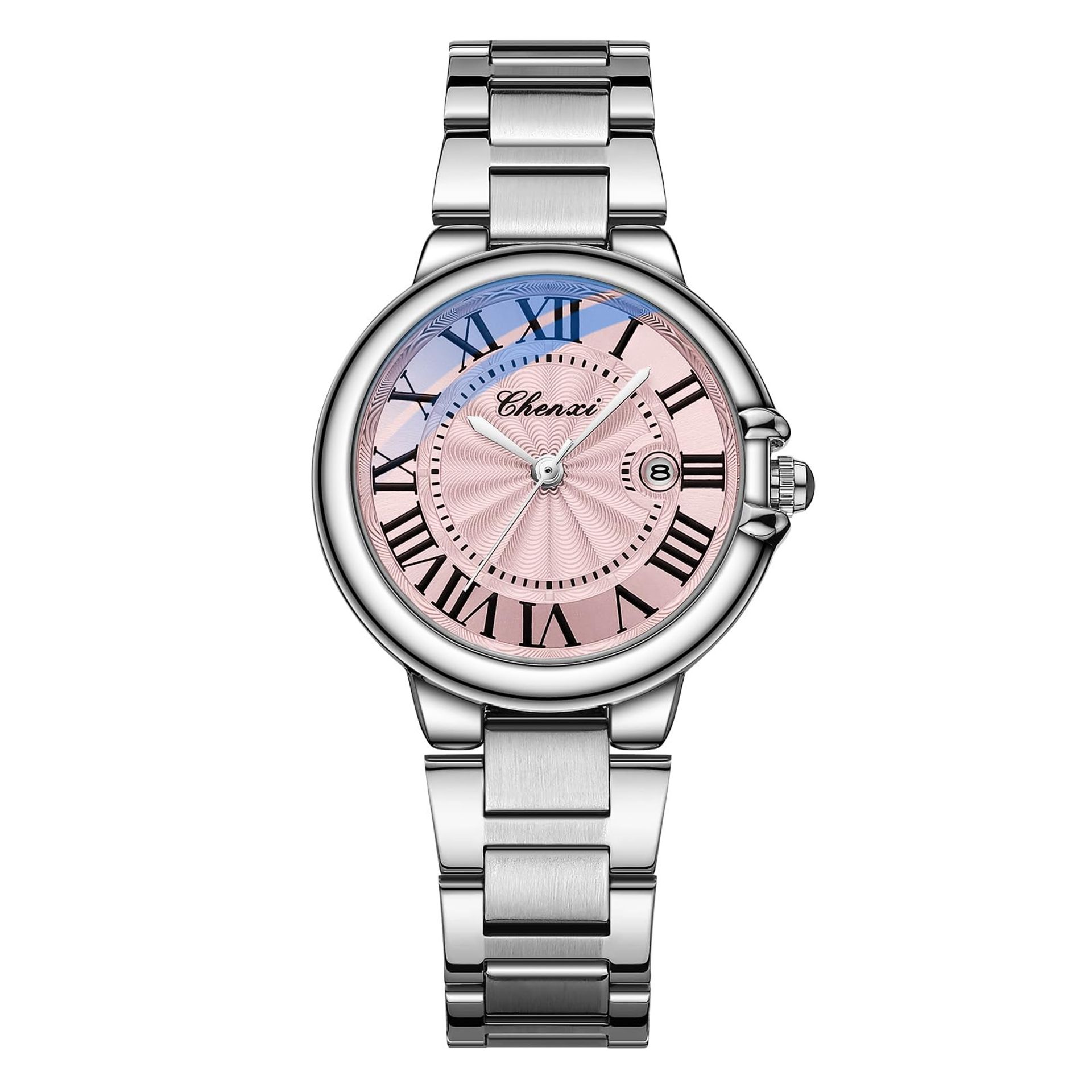 Couple Quartz Watches Stainless Steel Band Waterproof Casual Design - Pink Women Watch