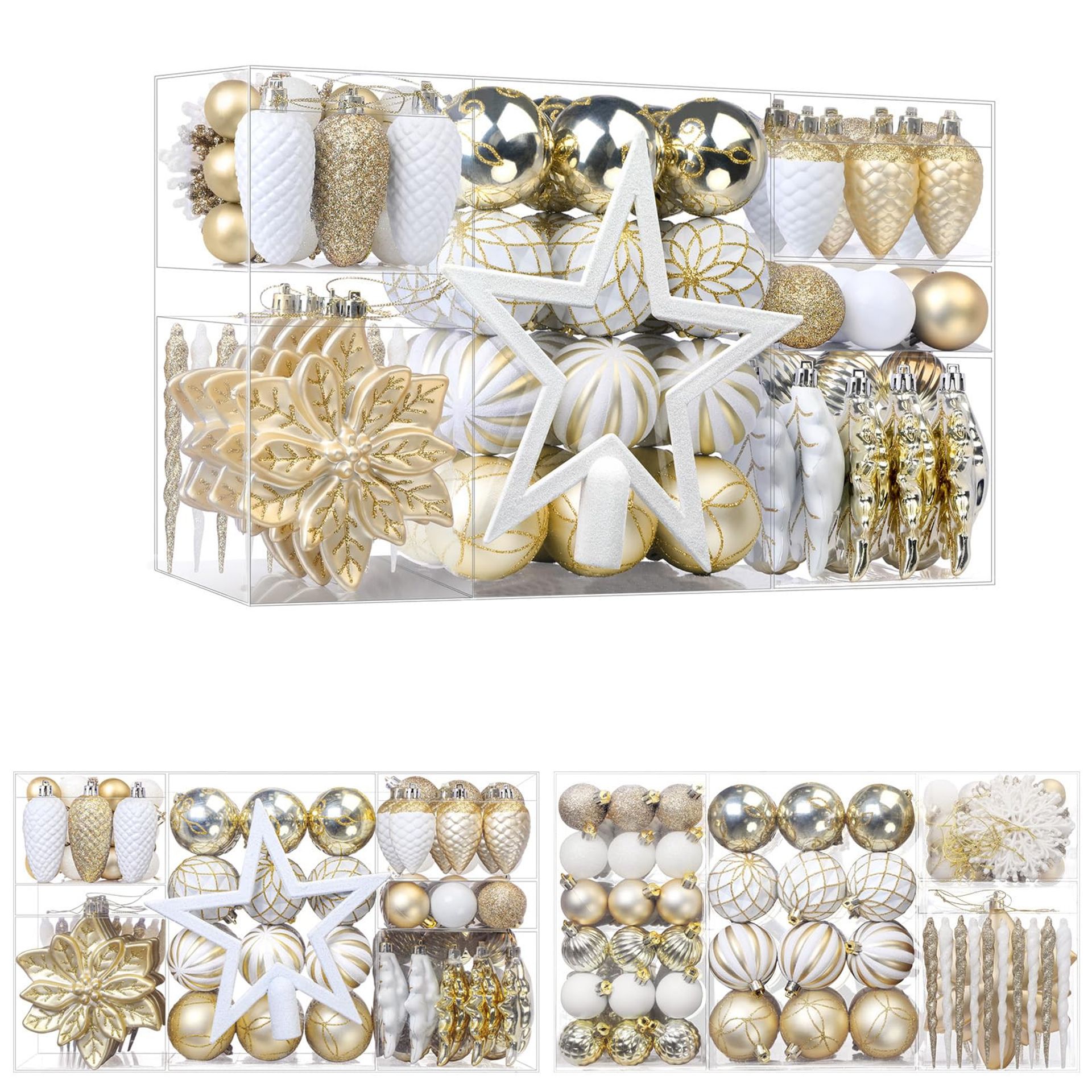 Christmas Tree Baubles 106pcs Shatterproof Plastic Ornament Set for Festive Décor - Champagne Gold & White