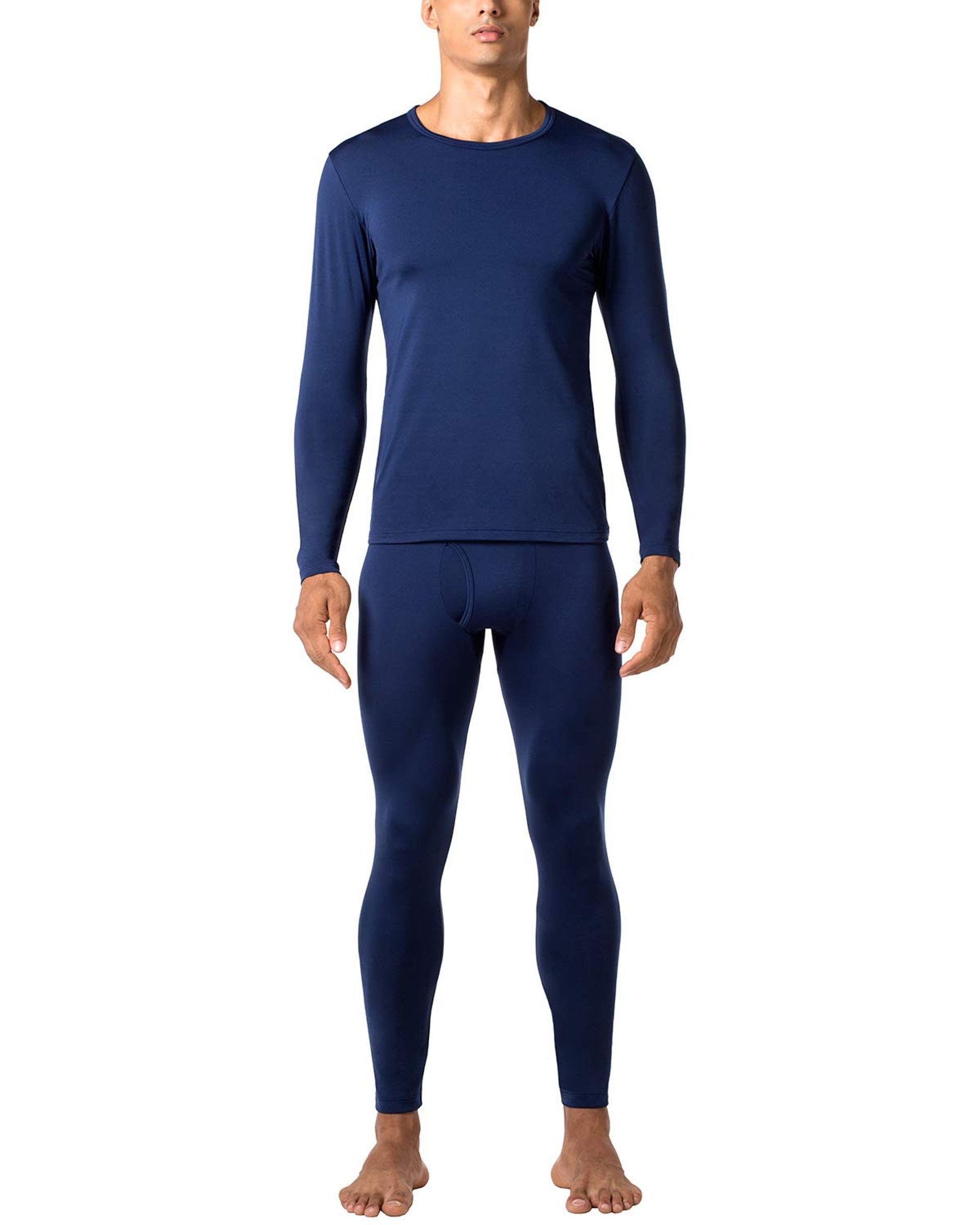 Men's Thermal Underwear Set Fleece Lined Base Layer Top & Bottom Warm Midweight - Navy Blue M