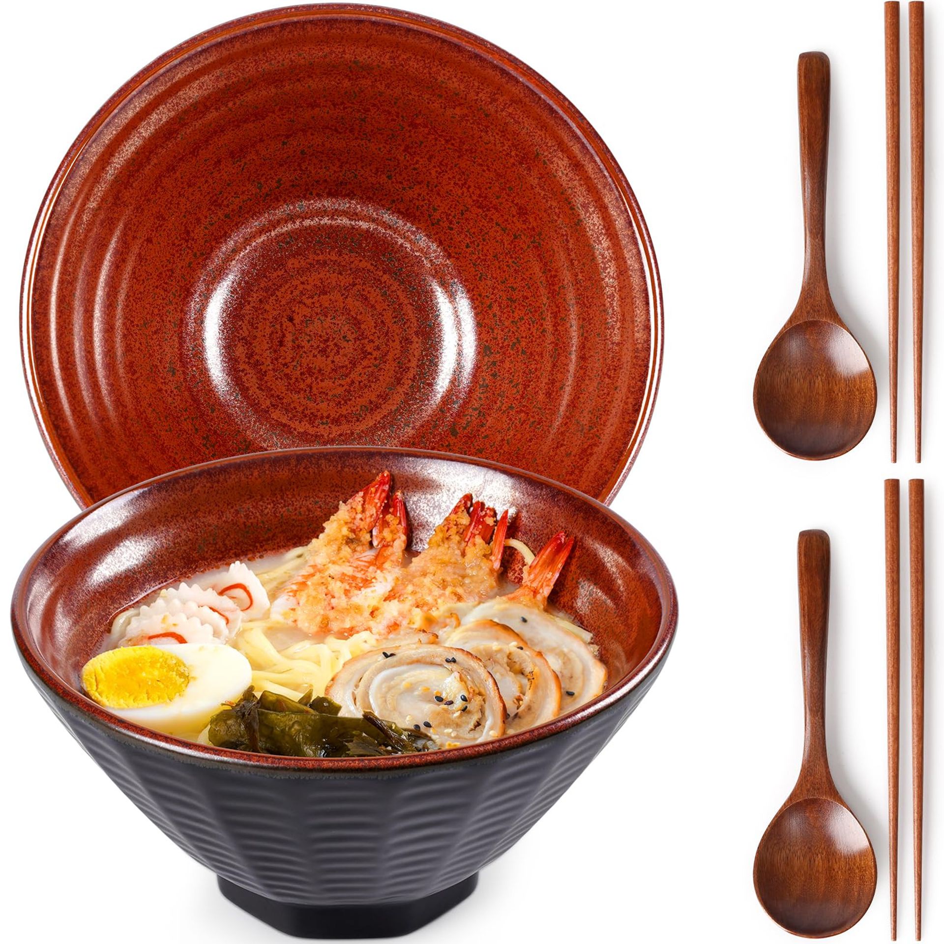 Ceramic Ramen Bowl Set of 2 with Chopsticks and Spoons, Large 1500ml Eight Angle Design - Classic Red 22cm