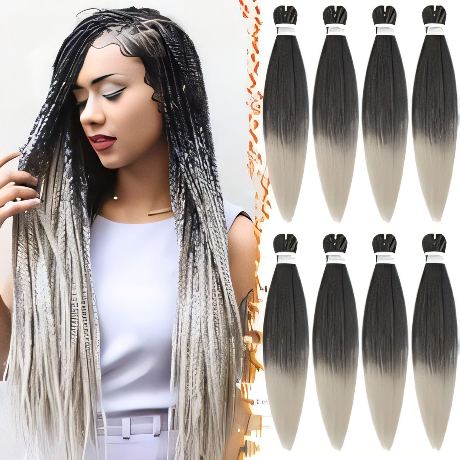 Pre Stretched Braiding Hair 8 Packs 26 Inch Yaki Texture Synthetic Crochet Easy Braid Hot Water Set - T1B/Silver# 26 Inch (Pack of 8)