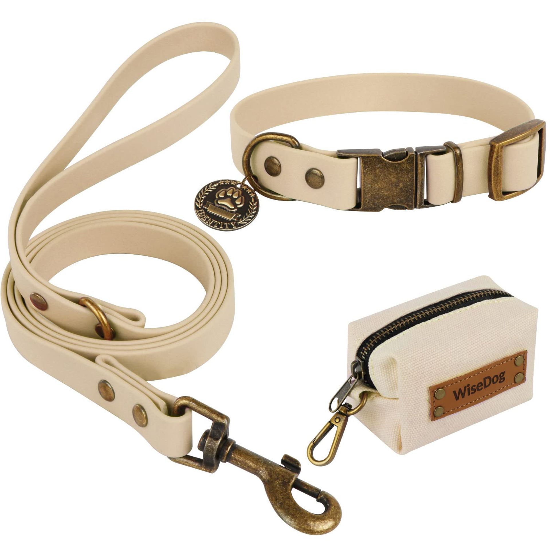 Dog Collar and Lead Set Combo Retro Adjustable Waterproof with Poop Bag Dispenser for Small Medium Large Dogs - Sand L