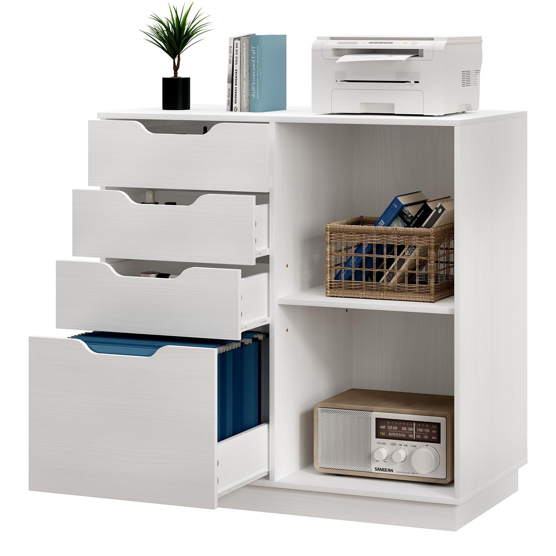 4 Drawer Wooden Lateral File Cabinet A4 Letter Size Filing Printer Stand with Open Storage Shelf - White 800x794x400mm