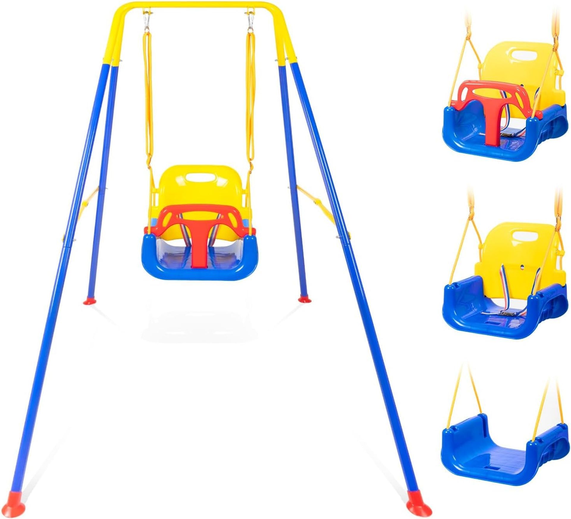 3-in-1 Toddler Swing Set Foldable Metal Frame with Safety Harness & Sandbags for Indoor or Outdoor Play - Red+Blue+Yellow Adjustable Height