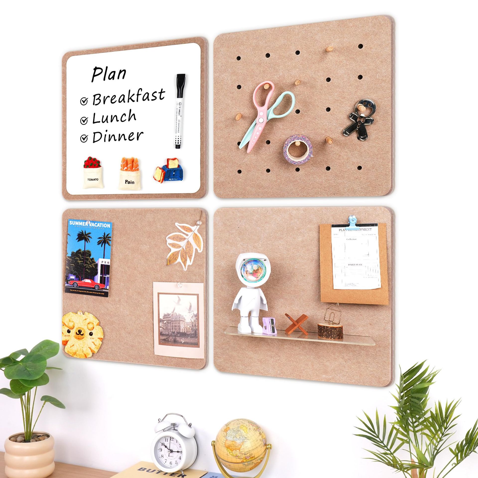 Pin Board Set 4-Piece Felt Notice Boards with Acrylic Shelf & Wooden Pegs - Beige 34x30cm