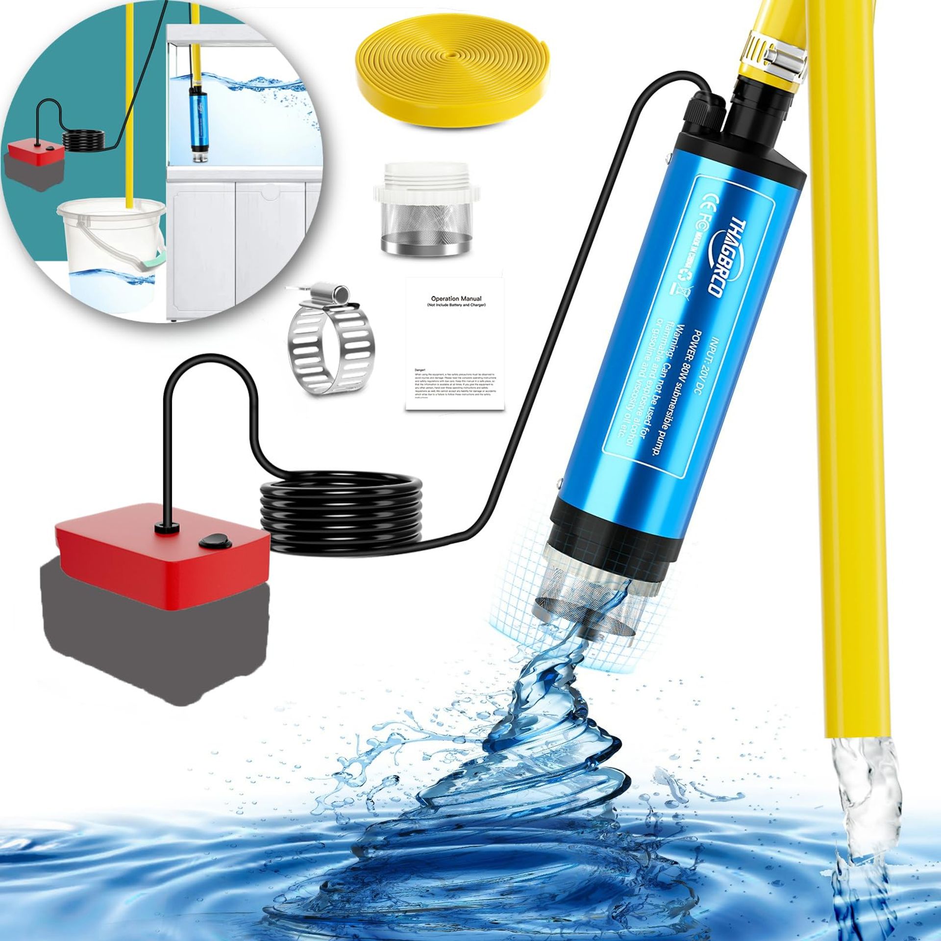 Submersible Water Pump 400 GPH 80W 20V DC Portable Fluid Transfer for Garden and Home with 16ft Cable - Black