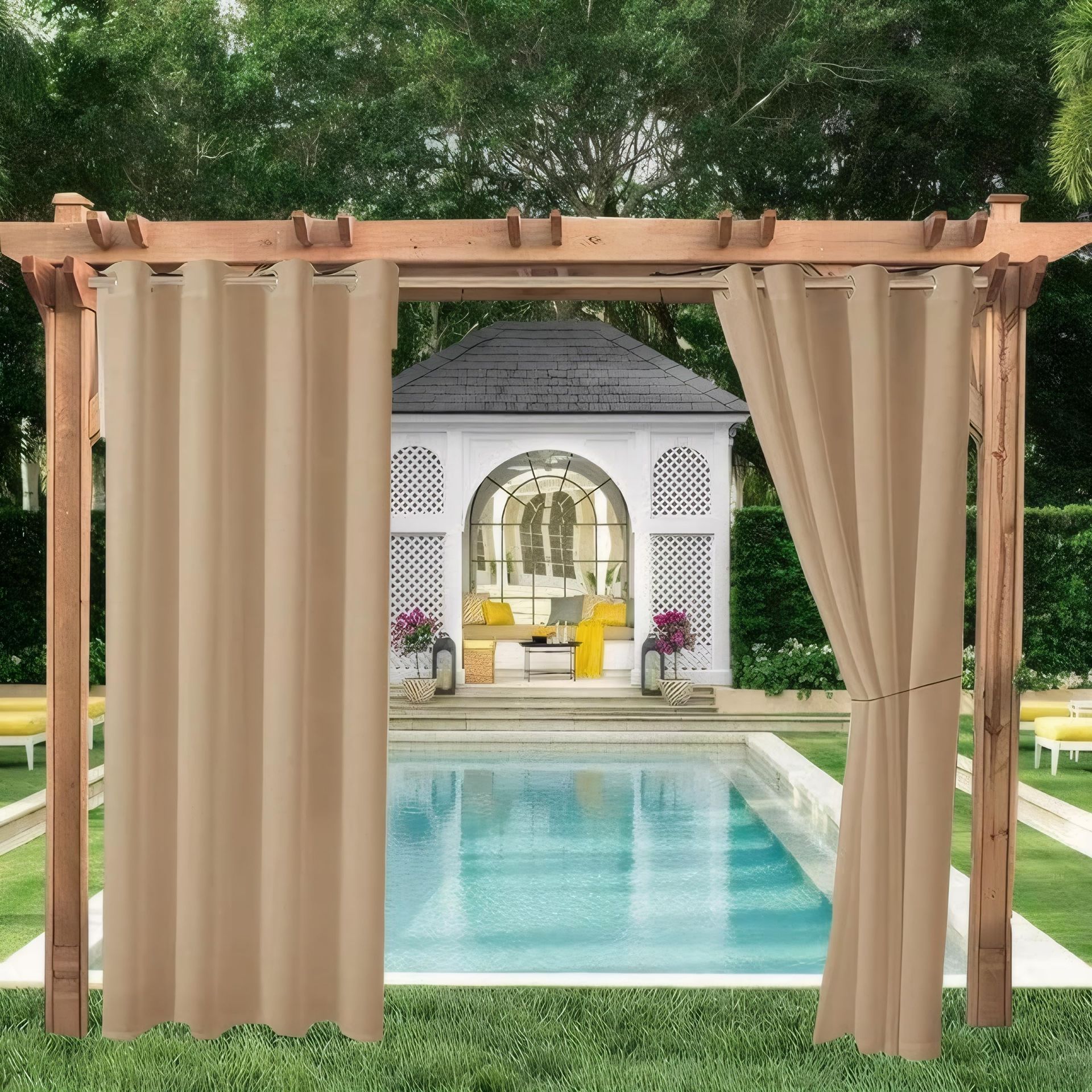 Outdoor Curtains Waterproof Windproof Blackout Thermal Insulated Double Grommet for Garden Patio Pergola - Beige 2 Panels 100x84