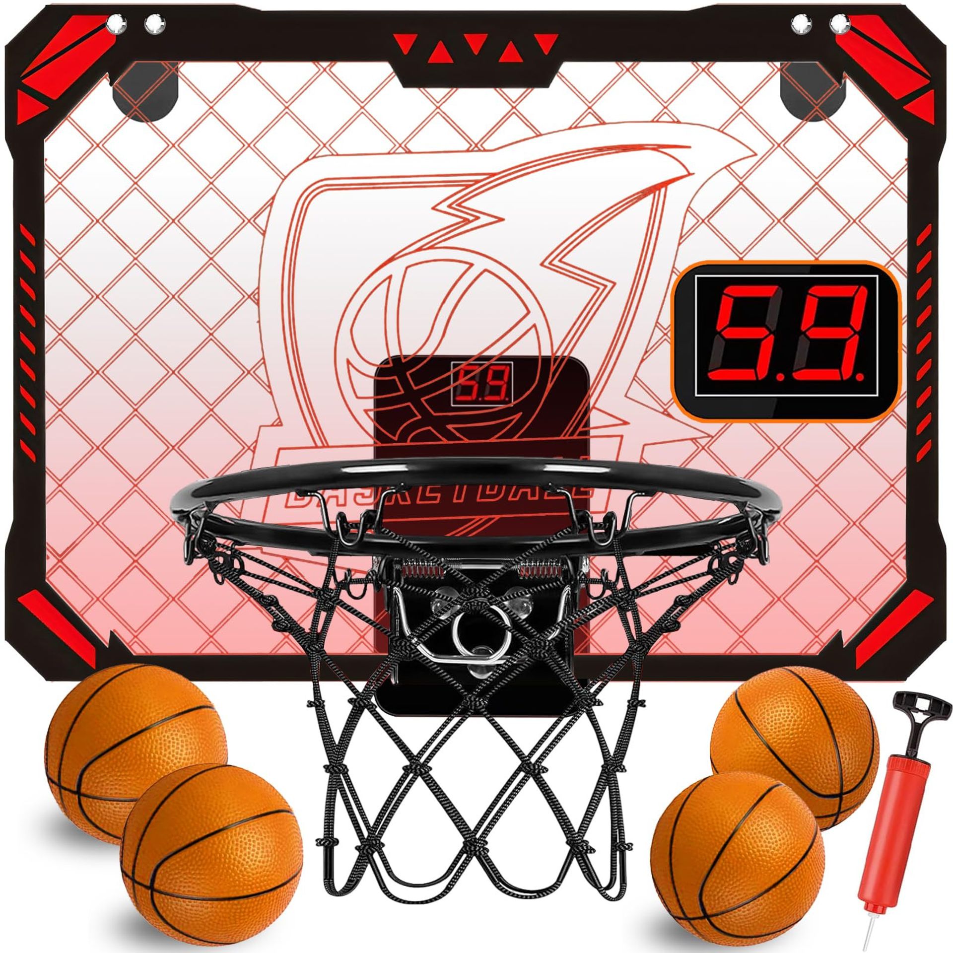 Indoor Basketball Hoop for Kids with LED Lights, Automatic Scoreboard & 4 Balls - Black and Red Toys+208 - Student Essentials