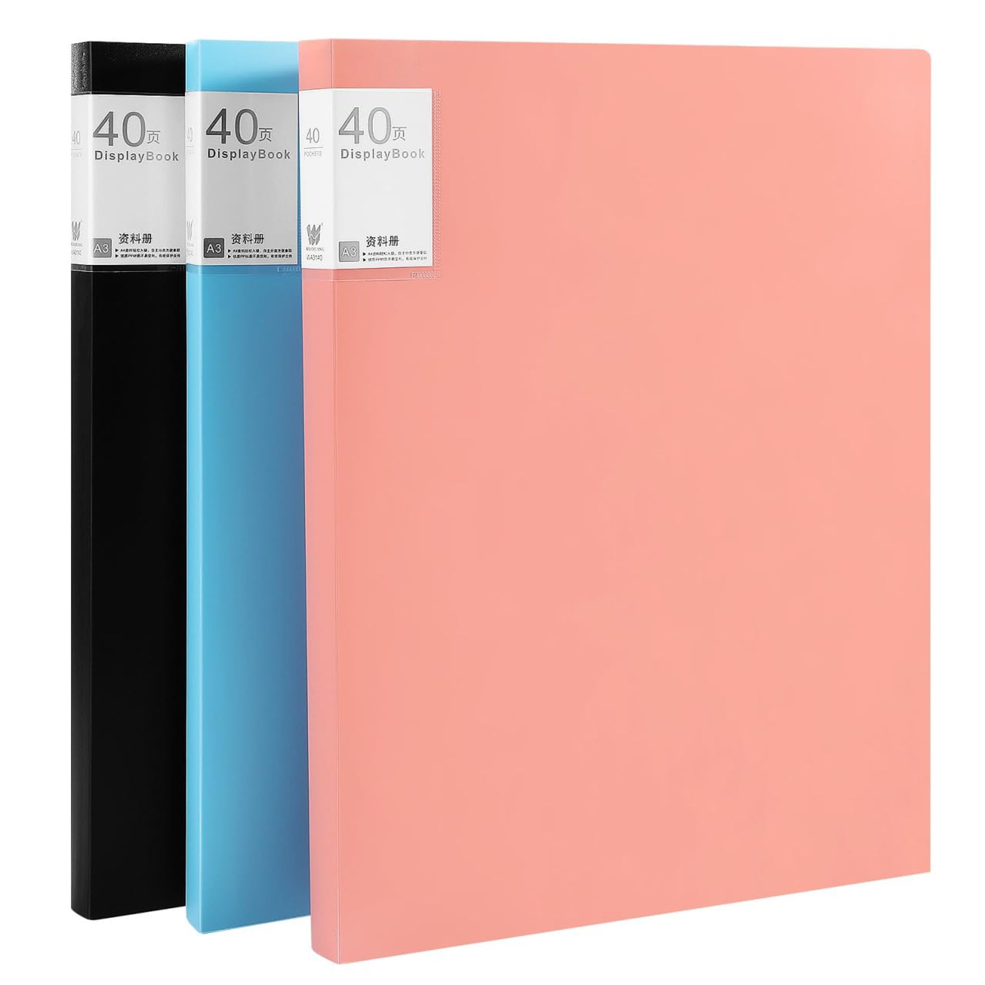 A3 Portfolio Binder Folder Set 3 Pack 40 Plastic Sleeves for Artwork, School & Office - Multi 44.00X32.30X1.00CM - Student Essentials