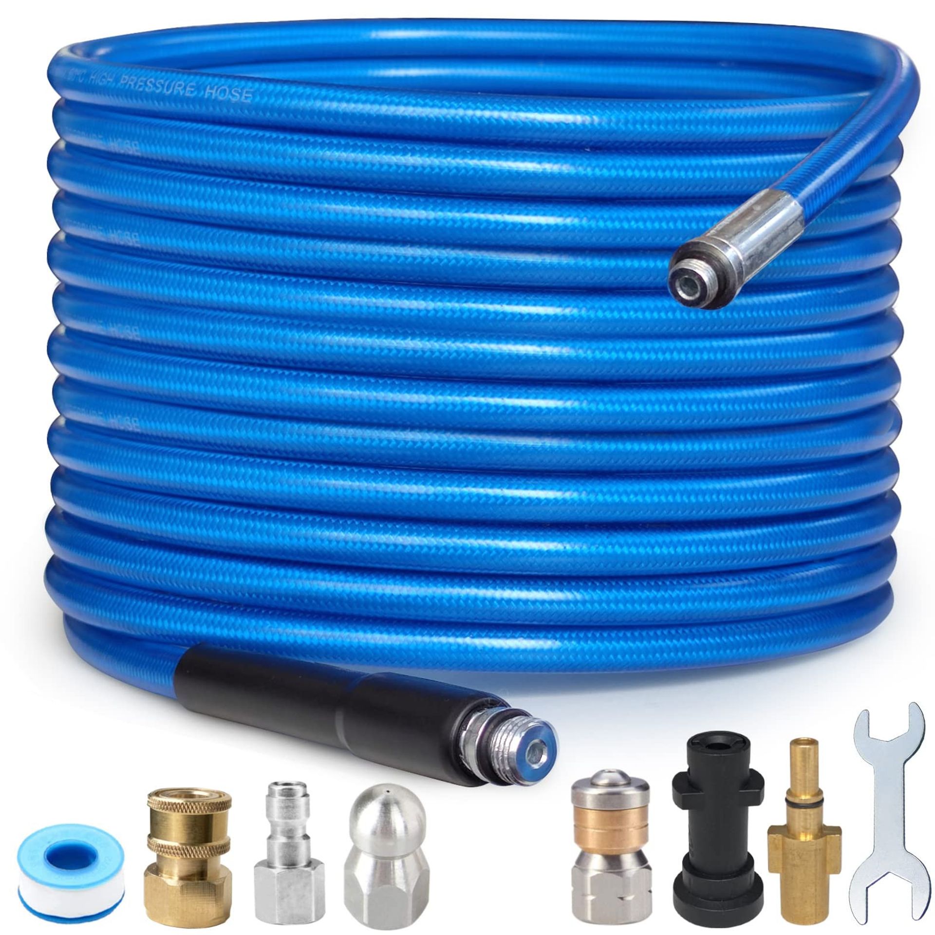 High Pressure Washer Drain Cleaning Kit 3000 PSI Sewer Jetter Hose for Karcher K2–K7 & Bosch AQT Pressure Washers - Blue 30m
