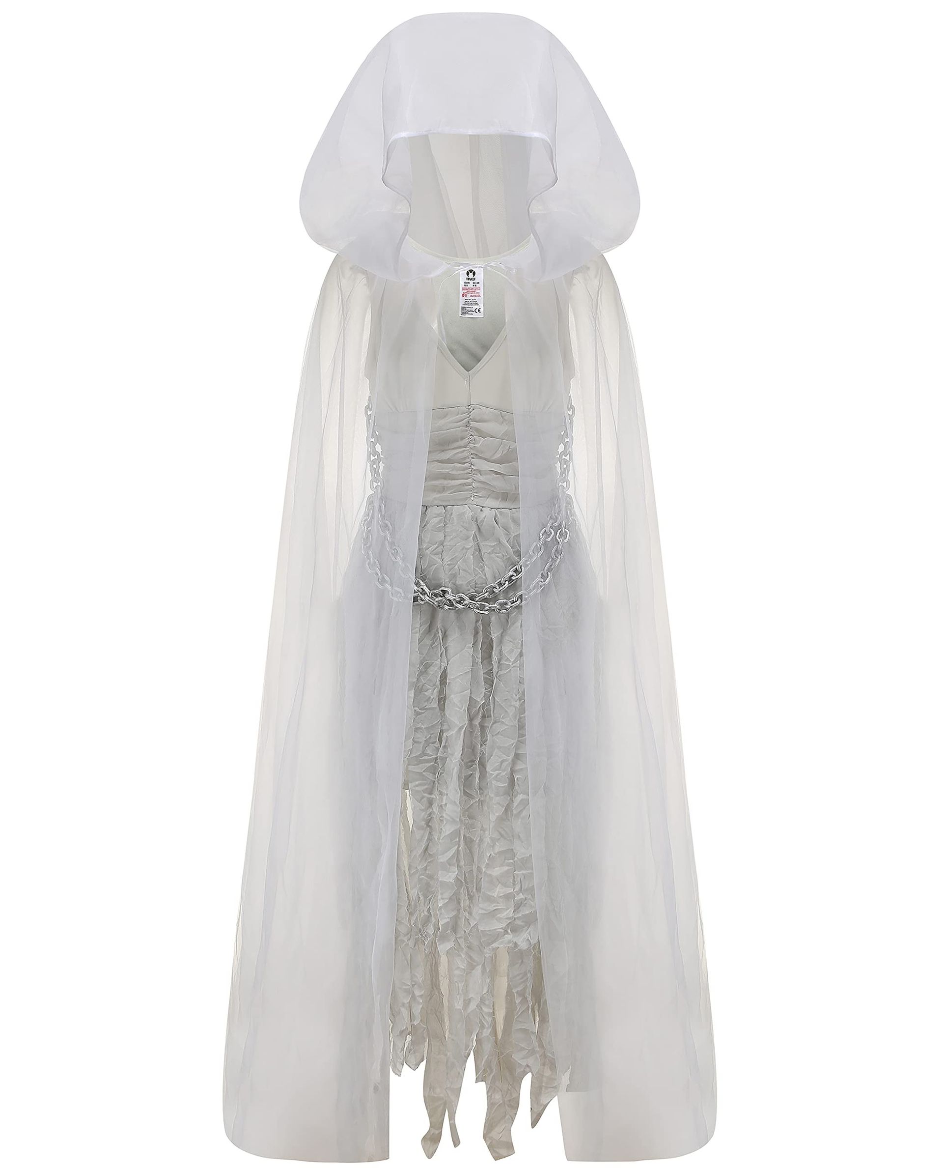 Women's Ghost Bride Halloween Costume Graveyard Zombie Witch Outfit with Hooded Cape & Plastic Chain - Ghost Dress L
