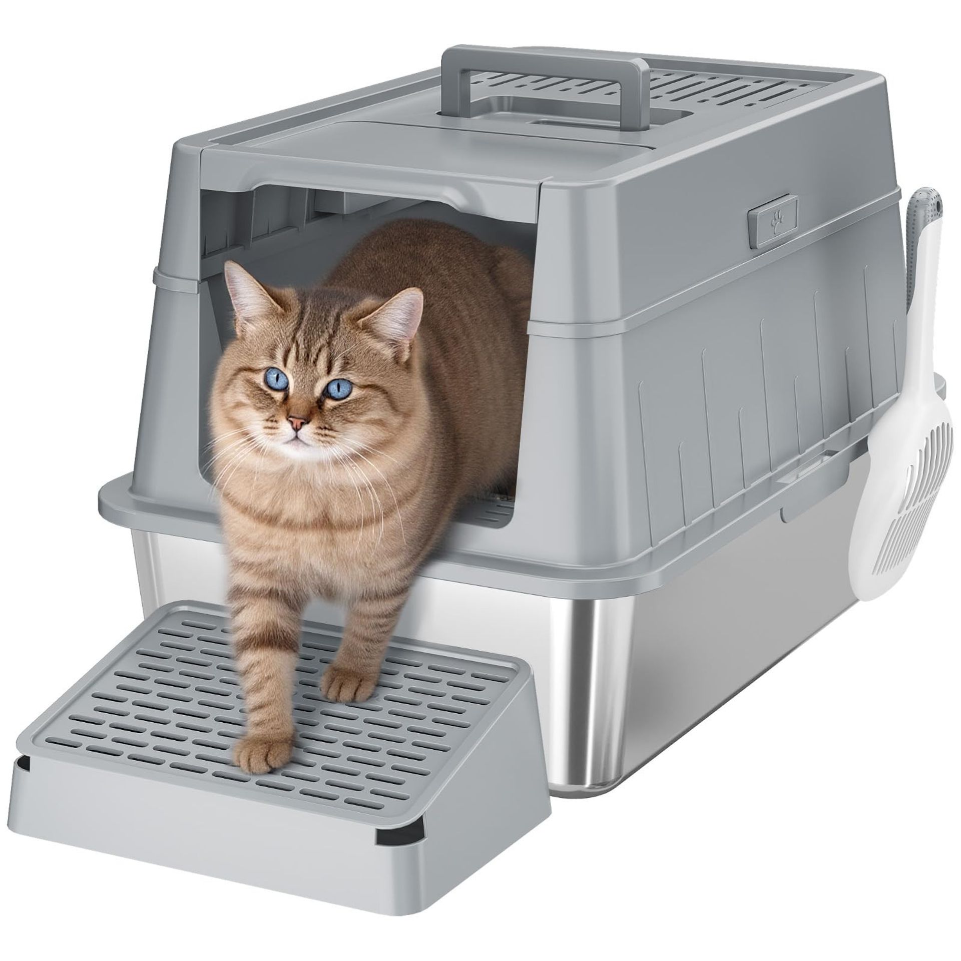 Stainless Steel Cat Litter Box Extra Large Tray with Scoop & Foot Pedal Easy Clean for Multiple Cats - Grey 60.5x40.7x17.5cm