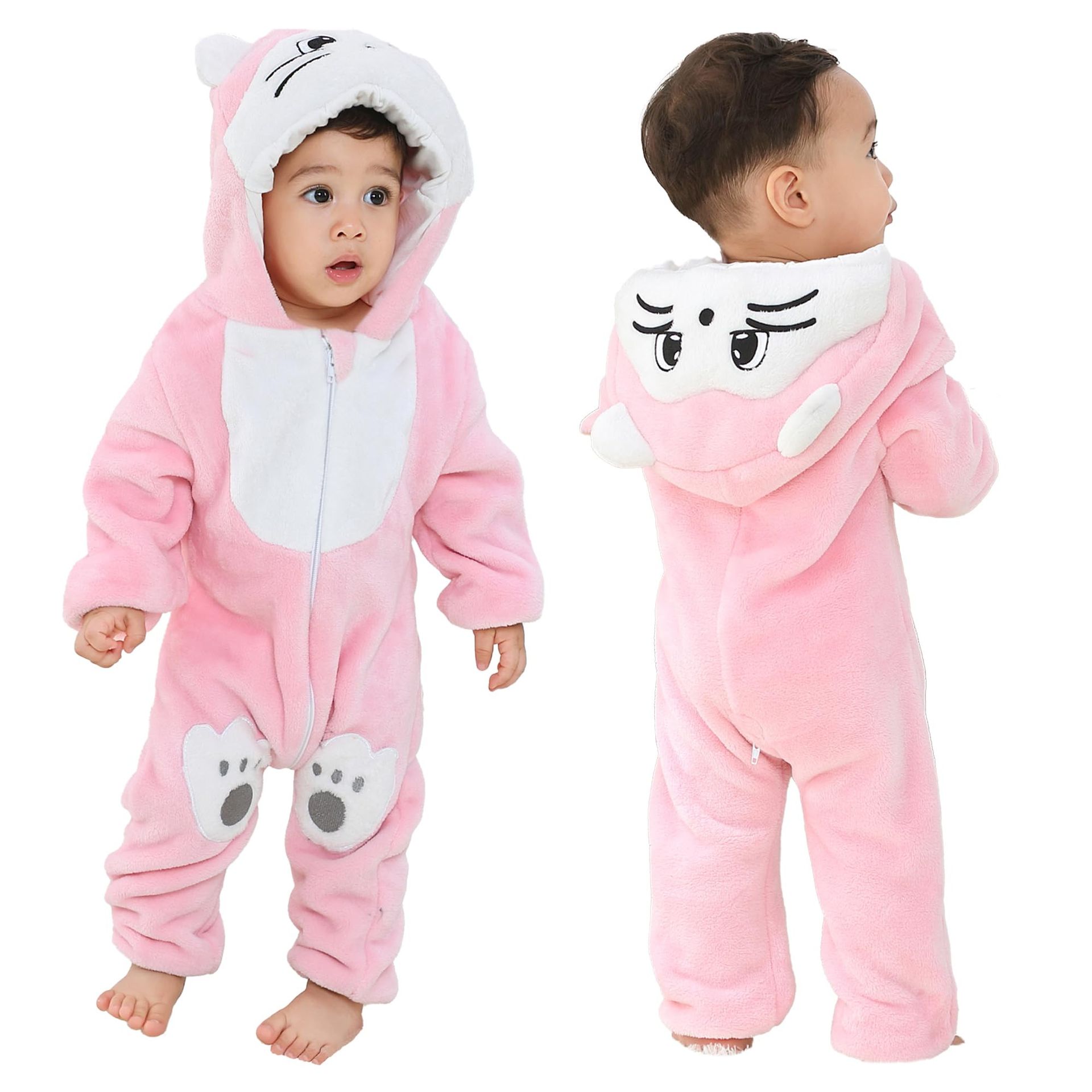 Baby Hooded Flannel Romper Soft Winter Jumpsuit Animal Design - Cat 6-12 Months