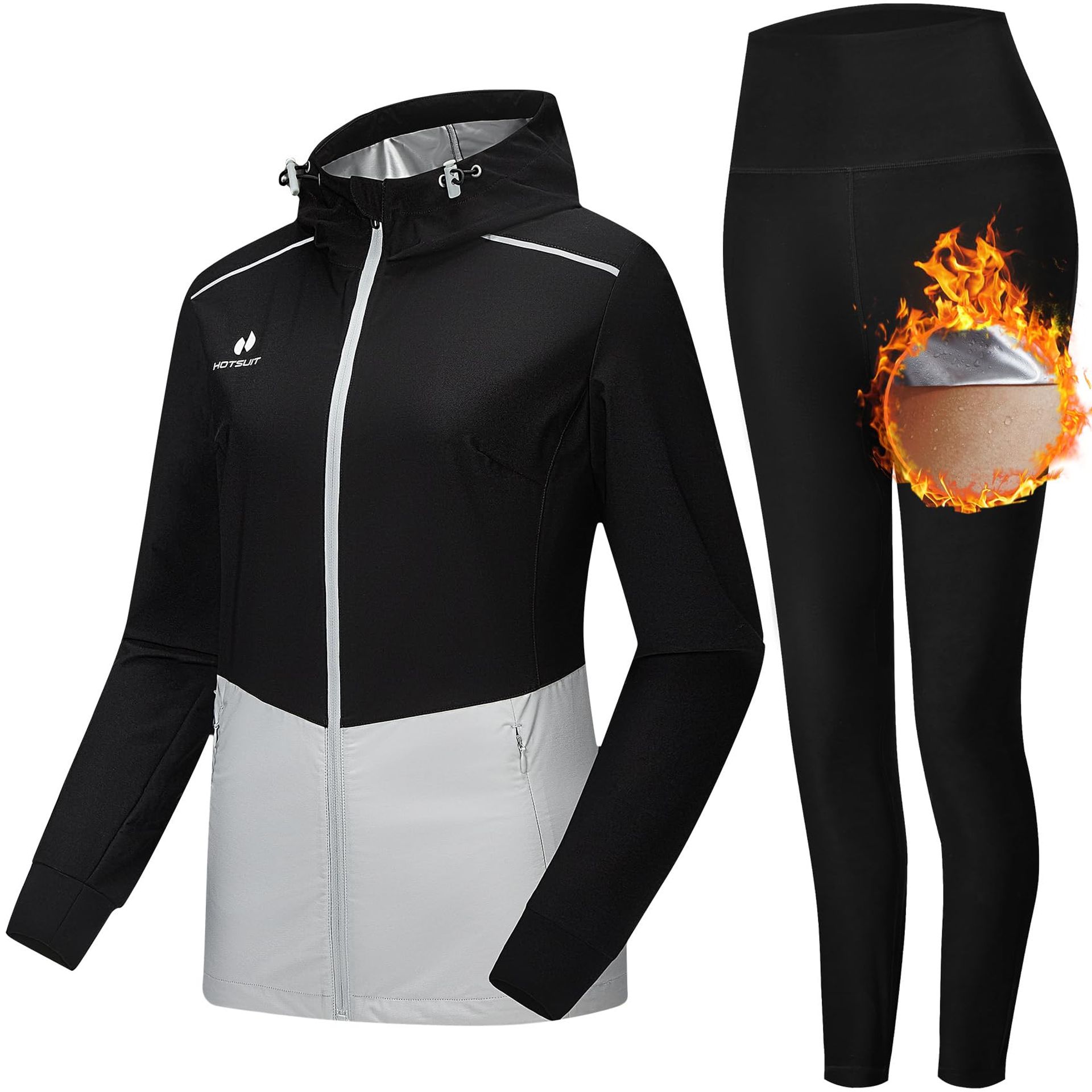Women's Sauna Sweat Suit with Jacket & Leggings Thermal Compression Sportswear - Black 3XL