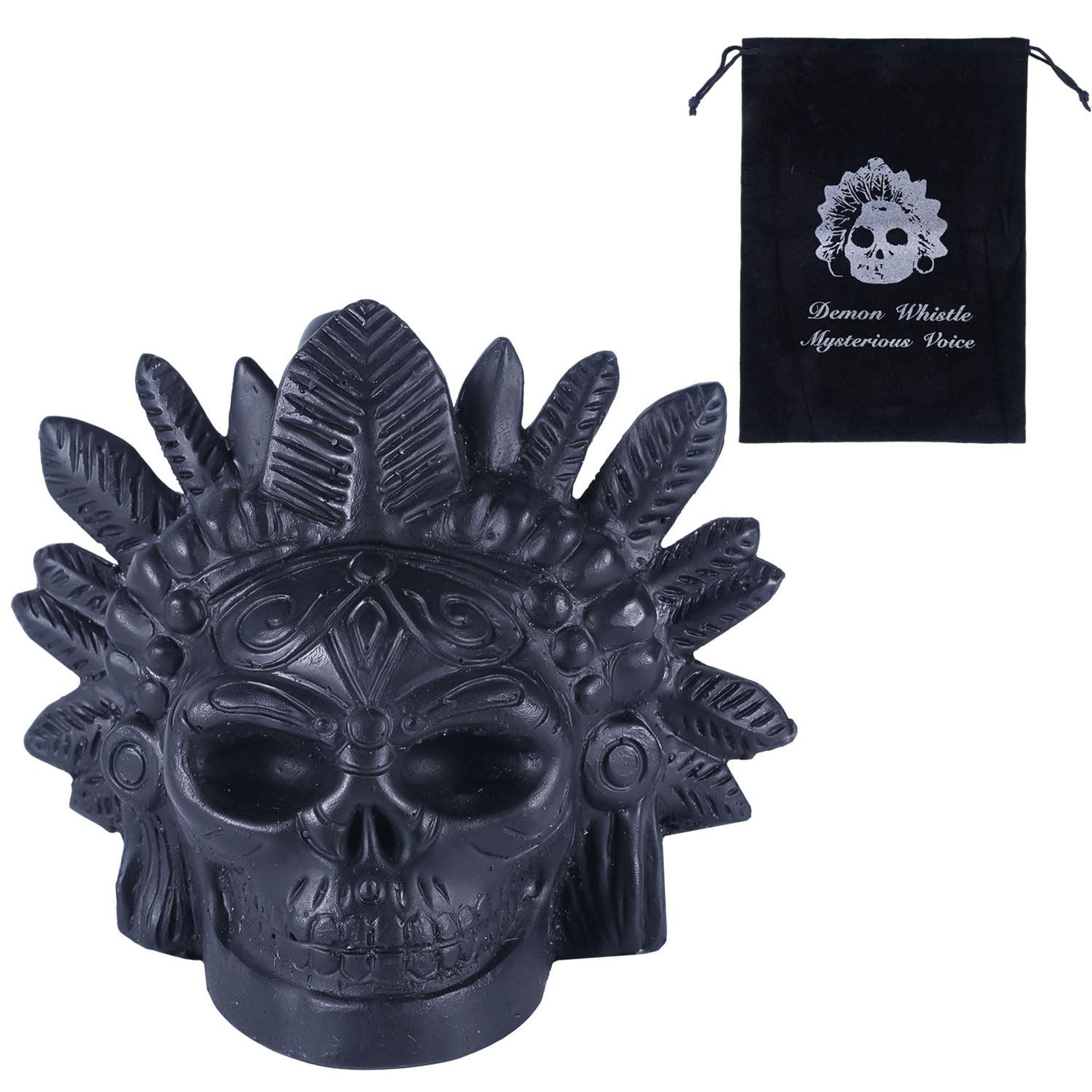 Aztec Death Whistle Screaming Skull Authentic Human Sound with Storage Bag Gift for Halloween or Day of the Dead - Black M