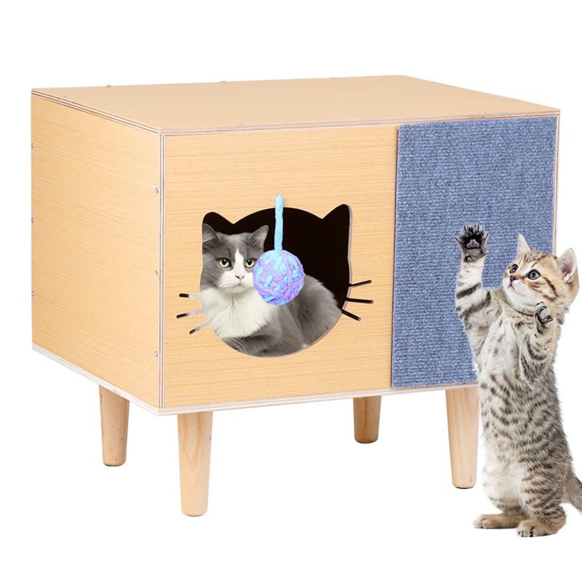Cat House Indoor Wood 2-in-1 Bed Hideaway Cave with Fur Pad Scratcher and Bell Toy - Wood 50x40x32cm