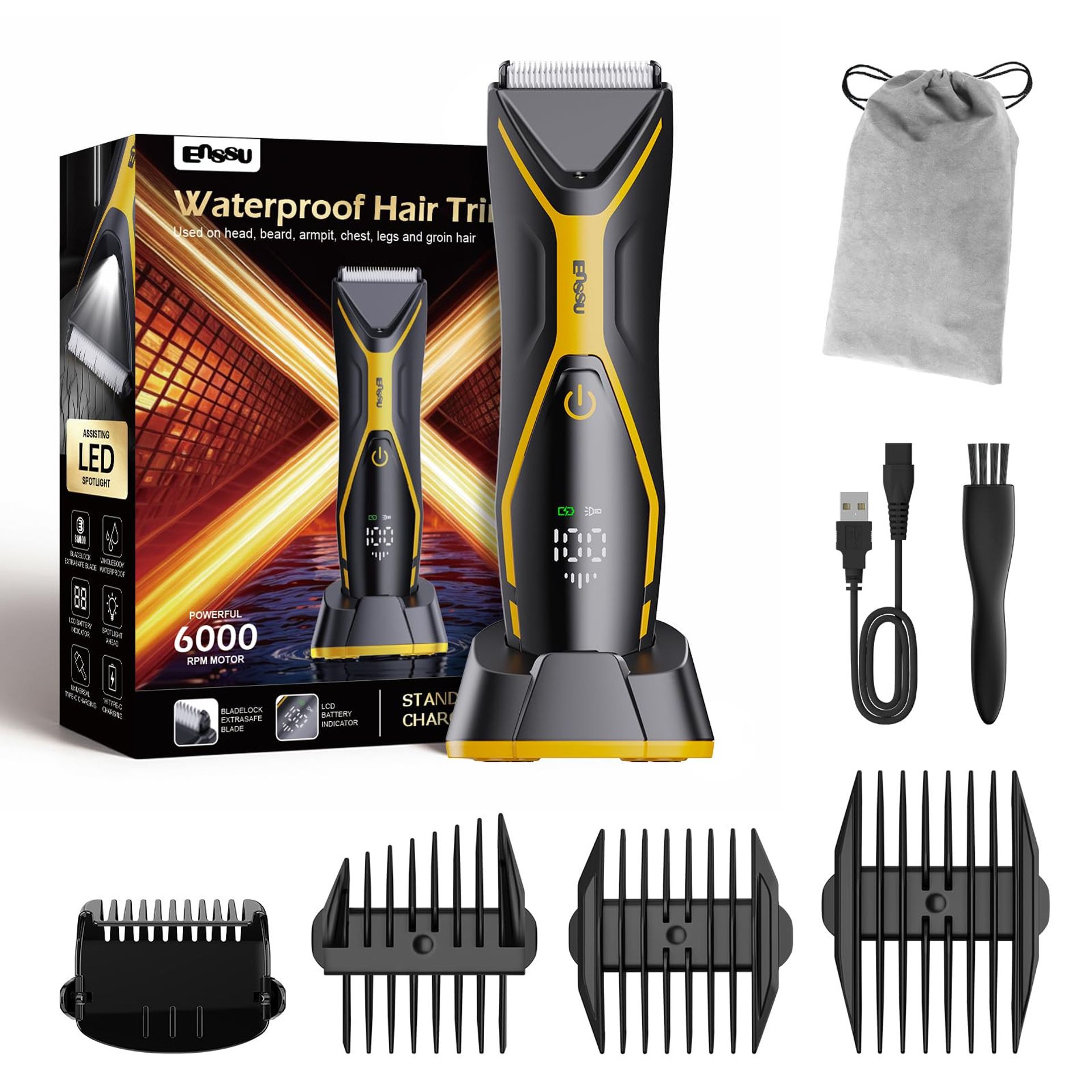 Men's Body Hair Trimmer Waterproof Electric Grooming Clipper Kit w/Light, Recharge Dock, LCD Display - Black/Yellow ES112BY