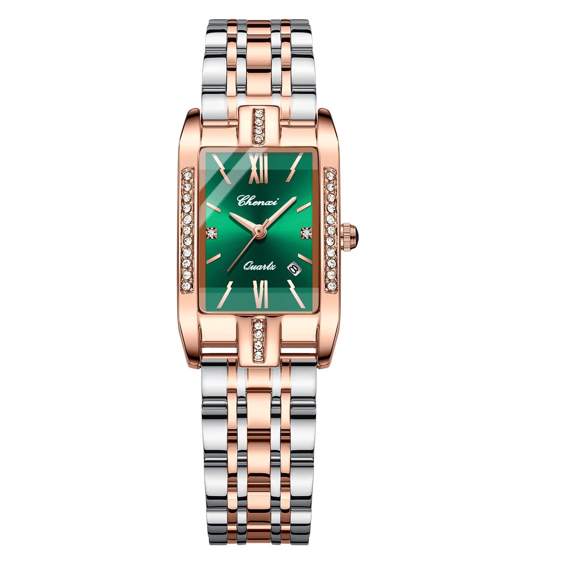 Women's Square Quartz Wrist Watch Stainless Steel Dress Watch with Calendar Window - Green A79-69
