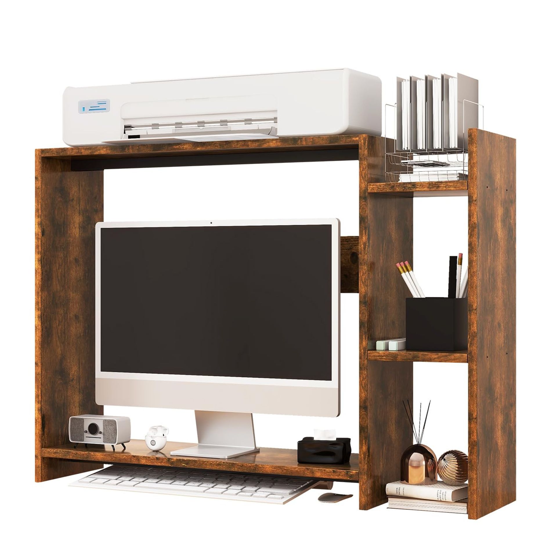 2-Tier Desktop Bookshelf Desk Shelf Organiser with Monitor Stand and Storage Rack for Home Office - Brown TMZ008H