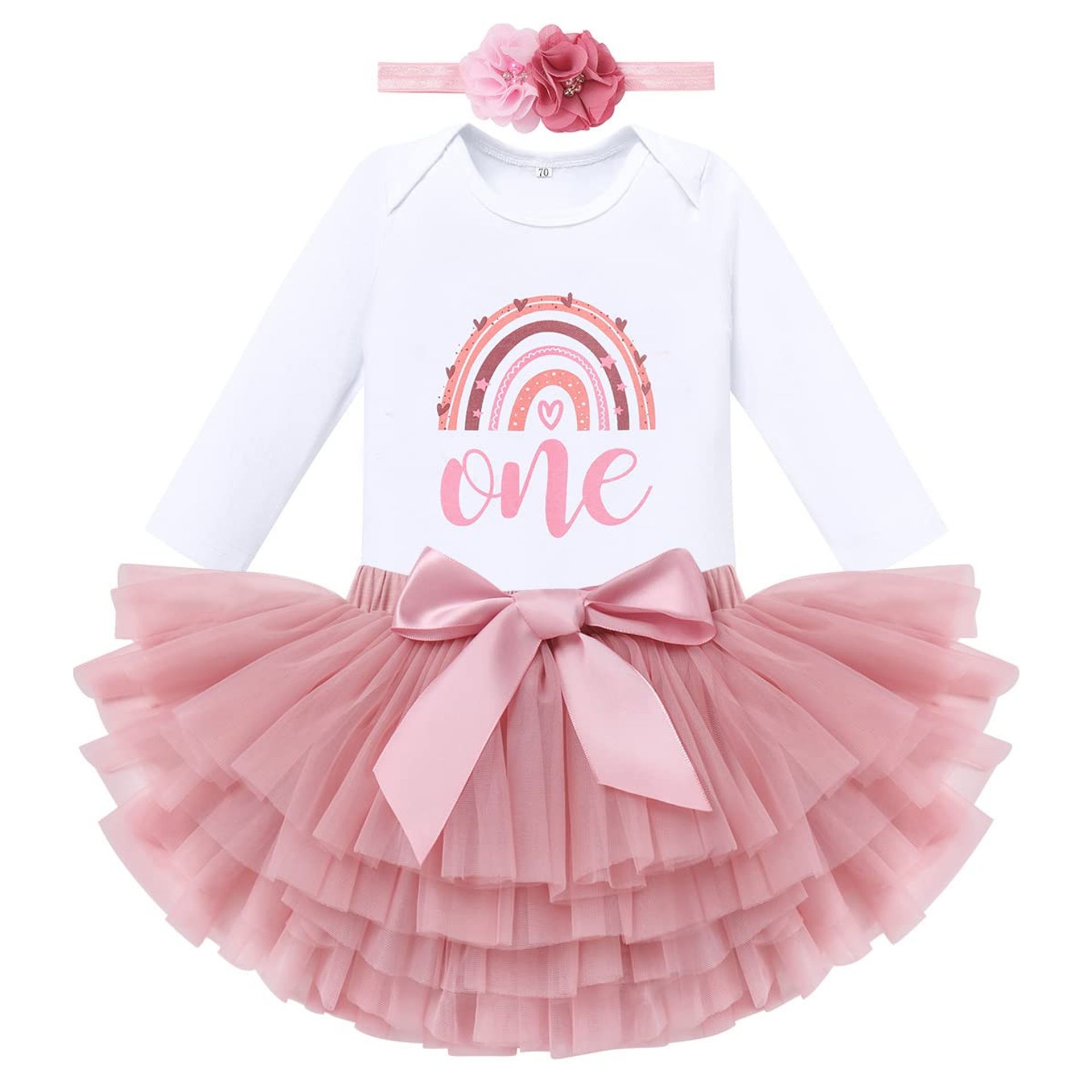 Baby Girl 1st Birthday Cake Smash Outfit Romper Tutu Skirt & Headband 3pcs Set - One-Long Sleeve 1 Year