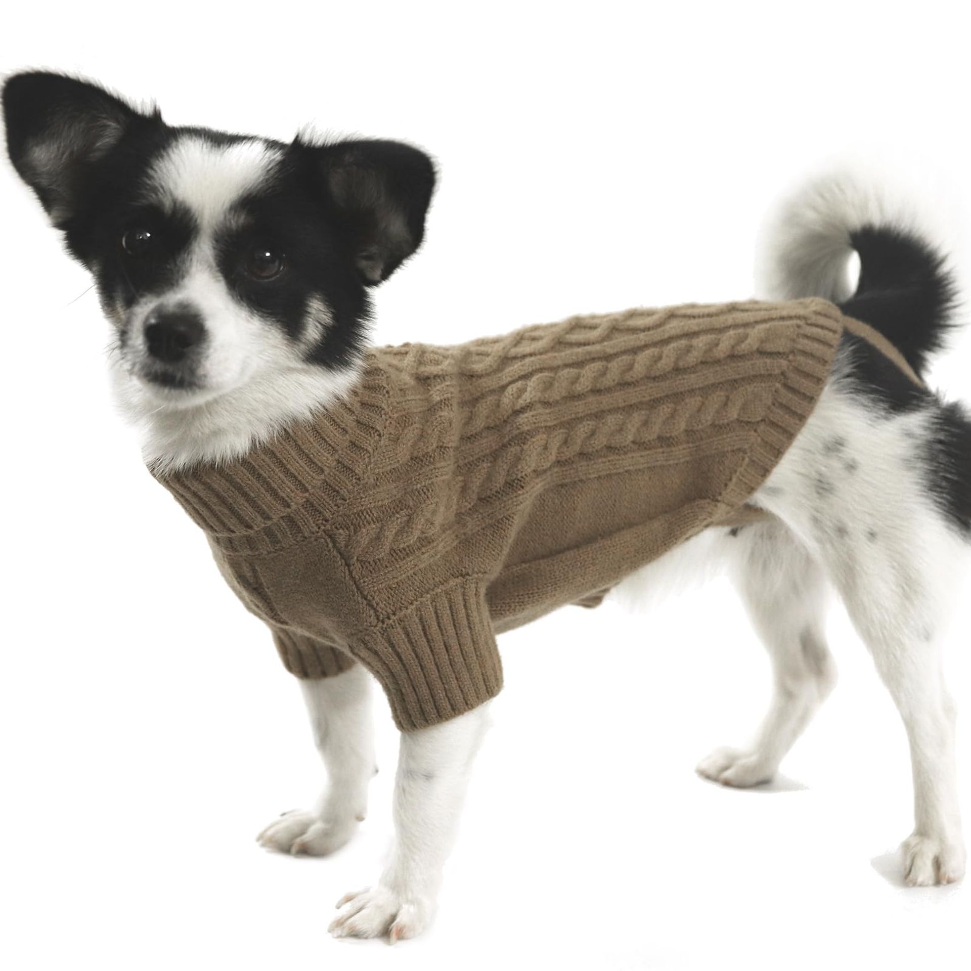 Small Dog Jumper Turtleneck Knitted Sweater with Leash Hole Winter Warm Knitwear for Chihuahua, Terrier, Sausage Dog - Khaki S