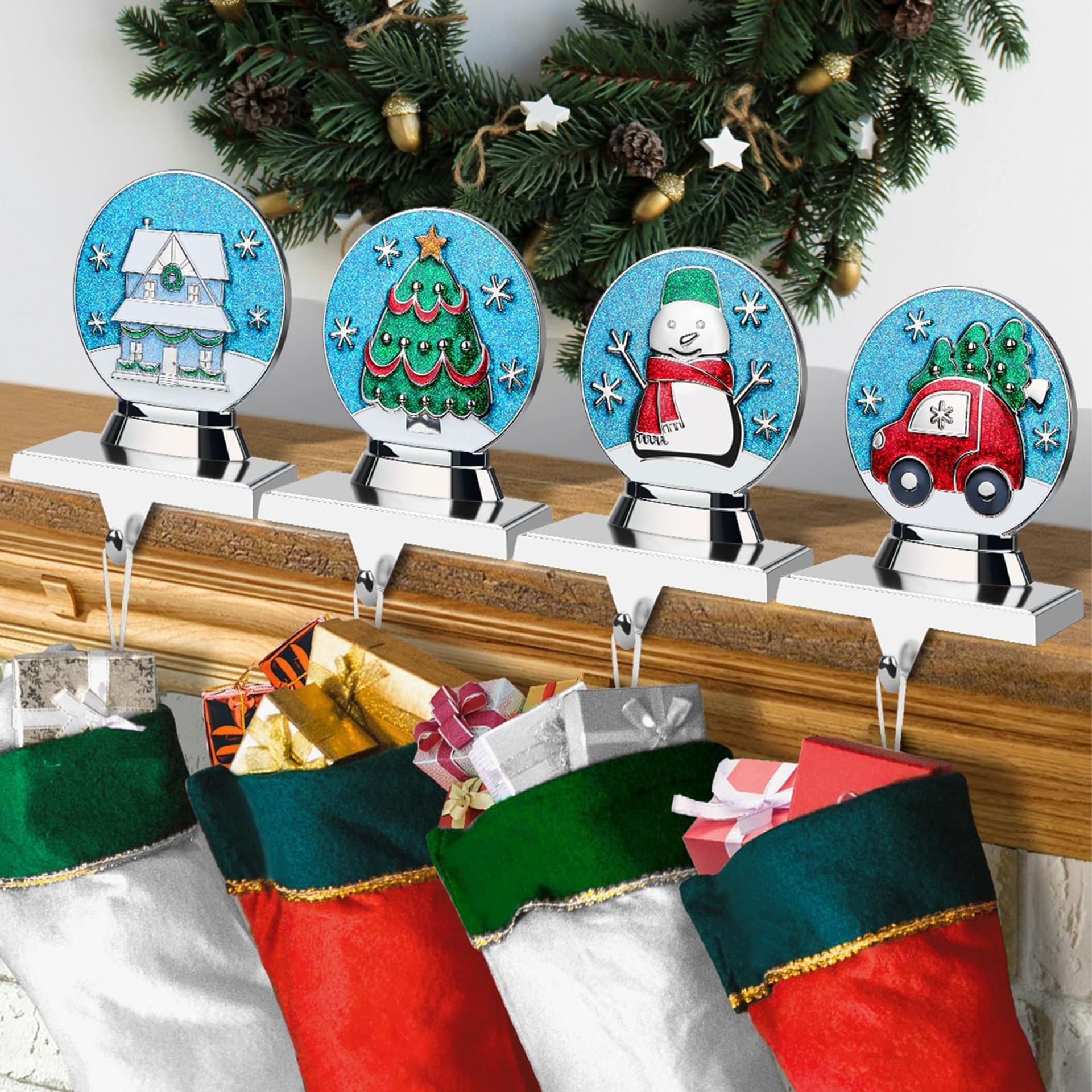 Christmas Stocking Hangers Fireplace Mantel Hooks Set Non-Slip Decorative Holders - Silver 4pcs