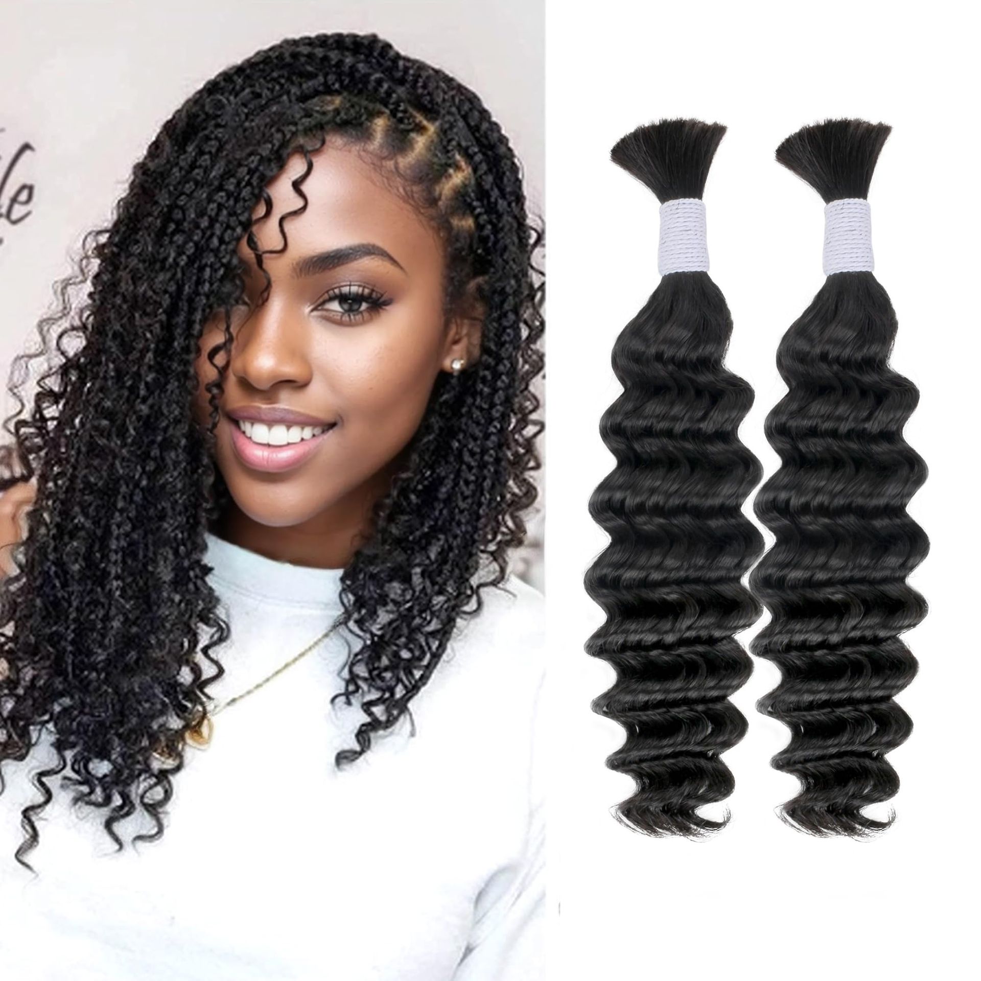 Deep Wave Bulk Human Hair Extensions 10A Brazilian Virgin No Weft Boho Braids Set of 2 Bundles - Black 26 Inch