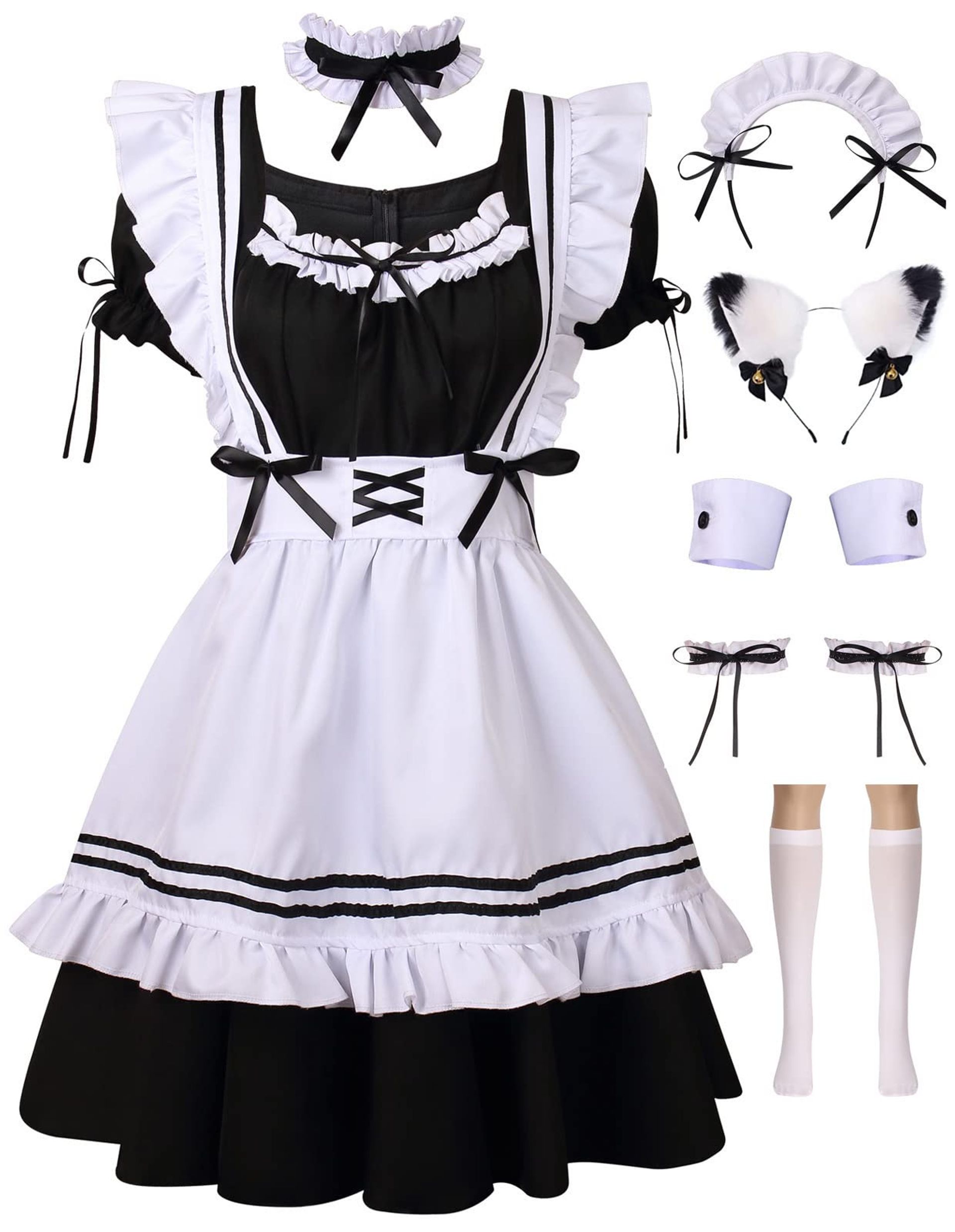 Women's French Anime Maid Costume Lolita Cosplay Set with Cat Ears & Apron - Black L