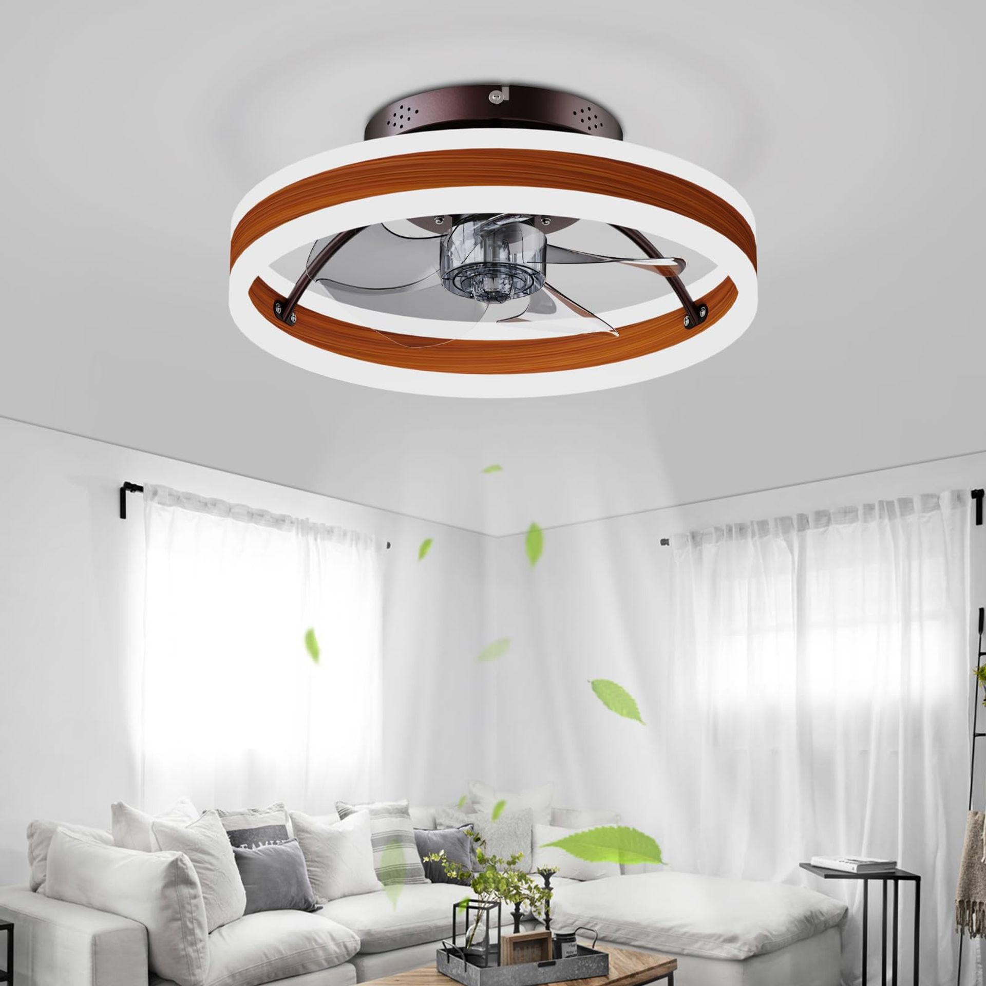 LED Ceiling Fan with Light Remote Control 6 Speeds Quiet Reversible Dimmable for Bedroom or Living Room - Brown 40CM