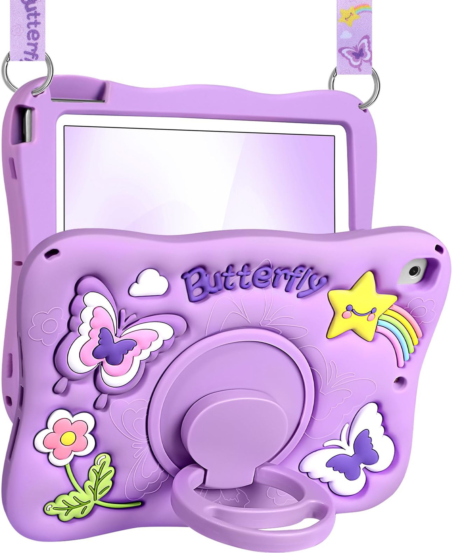 iPad 5th/6th Gen, Air 1/Air 2 & Pro 9.7 Protective Case 3D Butterfly Design with Rotating Stand & Shoulder Strap - Purple Butterfly