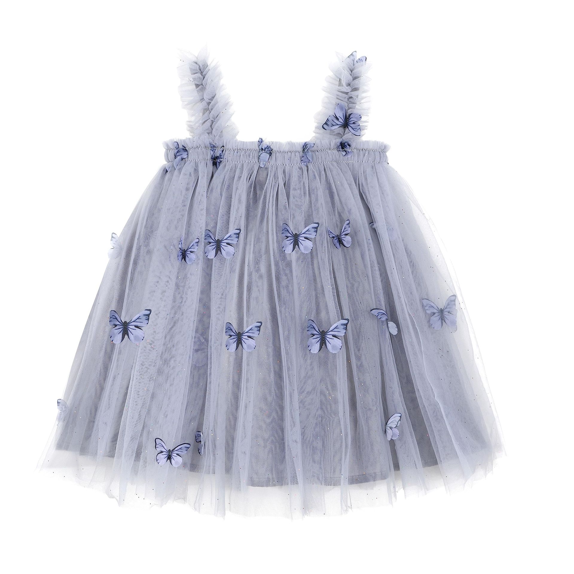 Baby Girl Butterfly Princess Tutu Dress Sleeveless Flower Party Outfit - Greyblue 2-3 Years
