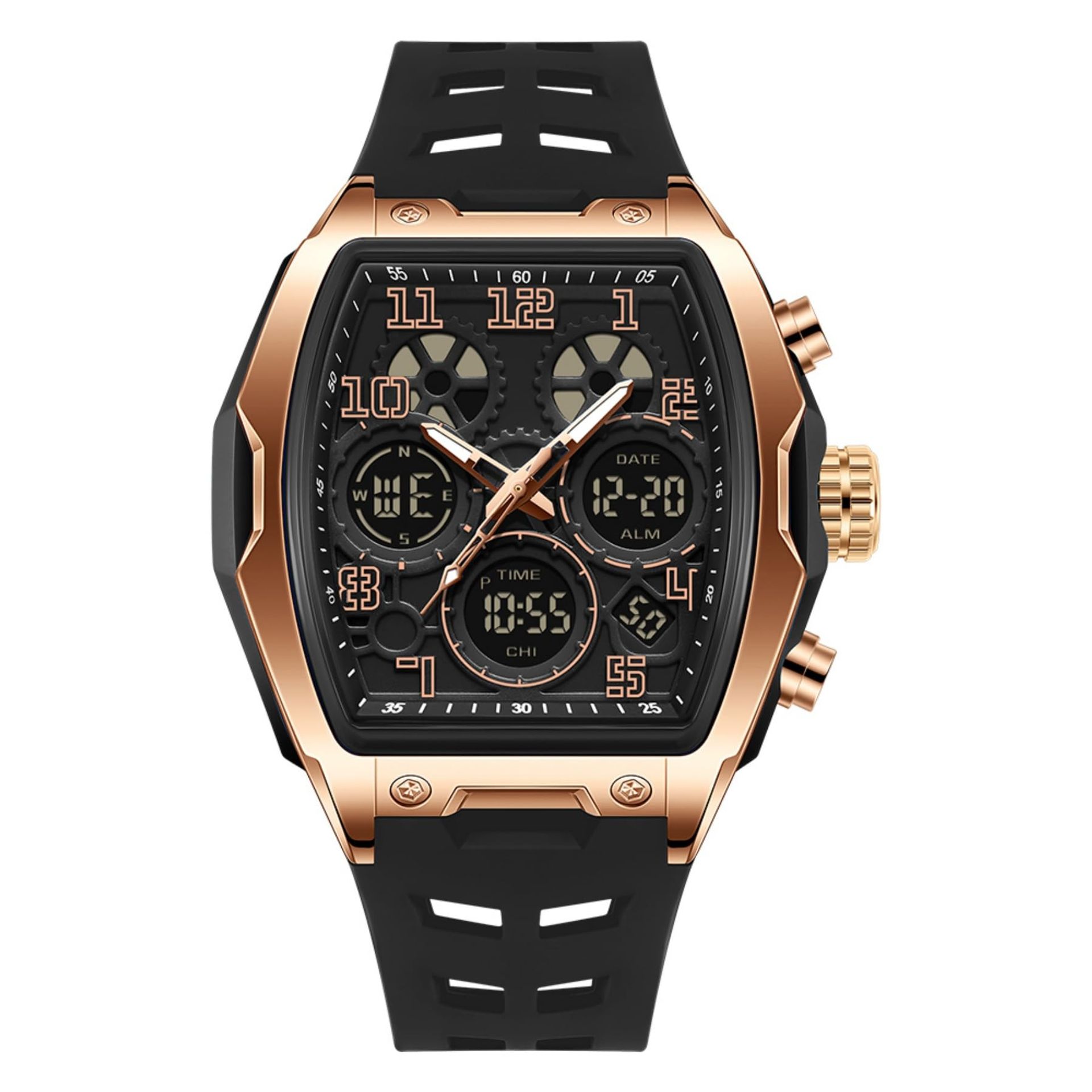 Men's Luxury Digital Military Watch Dual Time 50M Waterproof Sapphire Crystal - Black and Rose Gold