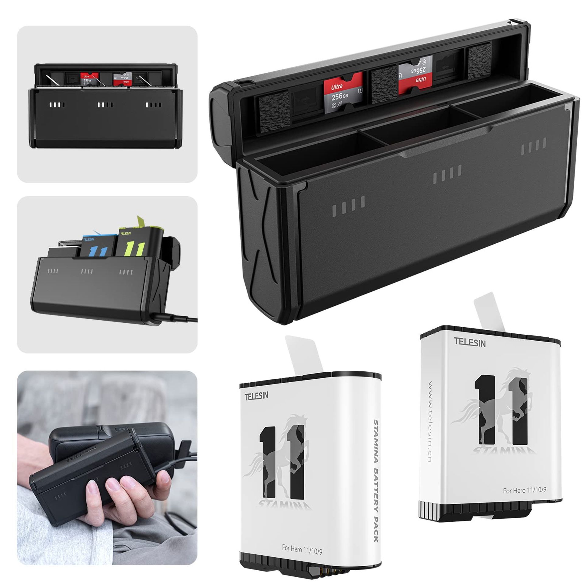 Enduro Battery and Pocket Charger Kit for GoPro Hero 11/10/9 Fast Charging, Cold Weather, 3-Slot Design - Black GP-PT-G01