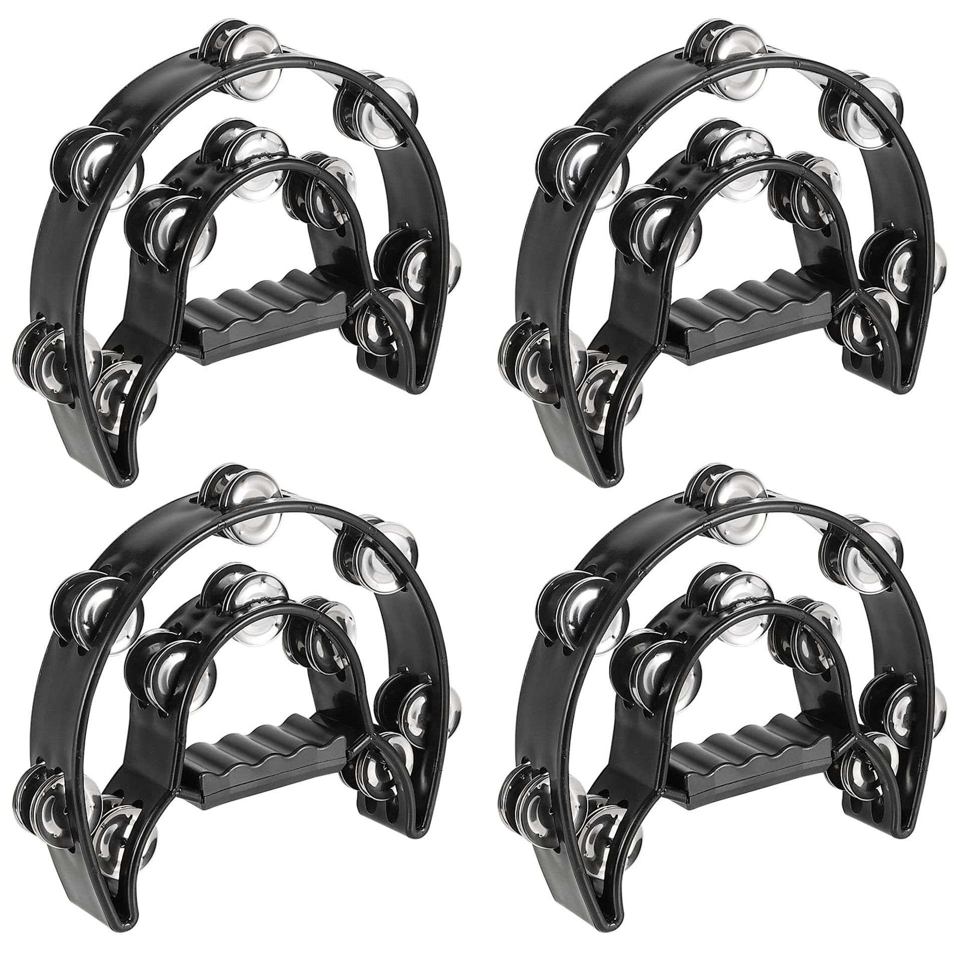 4 Pack Half Moon Tambourines Double Row Handheld Percussion Set with Ergonomic Handle for Music Class, Parties & KTV - Black 240x200mm