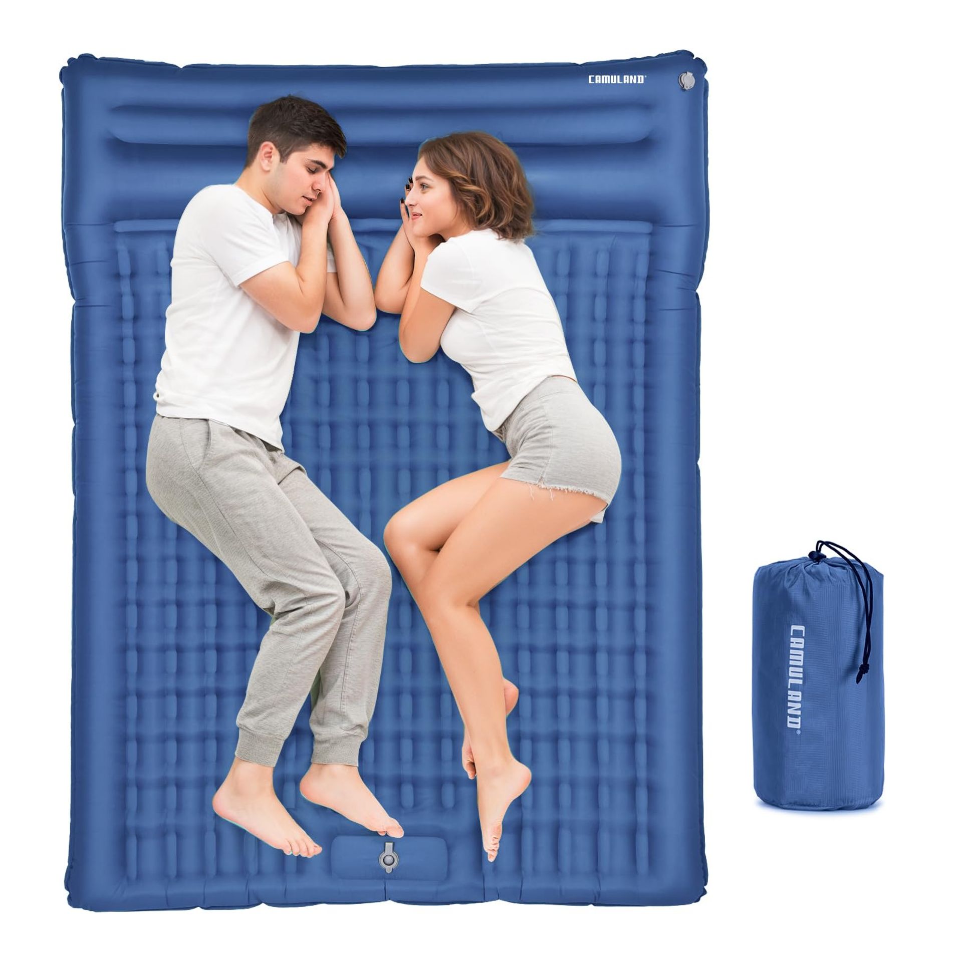 Double Camping Sleeping Pad 4.7" Ultra-Thick Self-Inflating Mat with Built-in Pillow & Foot Pump - Navy Blue Double