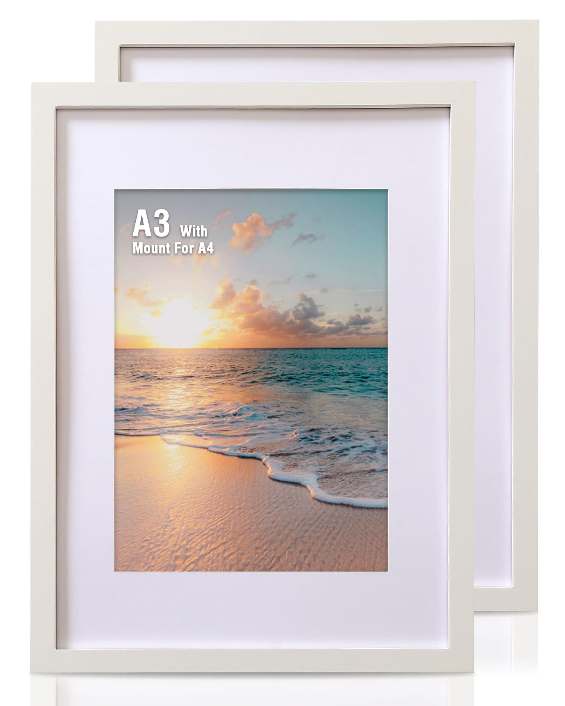 A3 Wooden Photo Frames 2 Pack with Mount and Acrylic Clear Sheet for A4 Prints, Posters, Documents - White A3-2 Pack