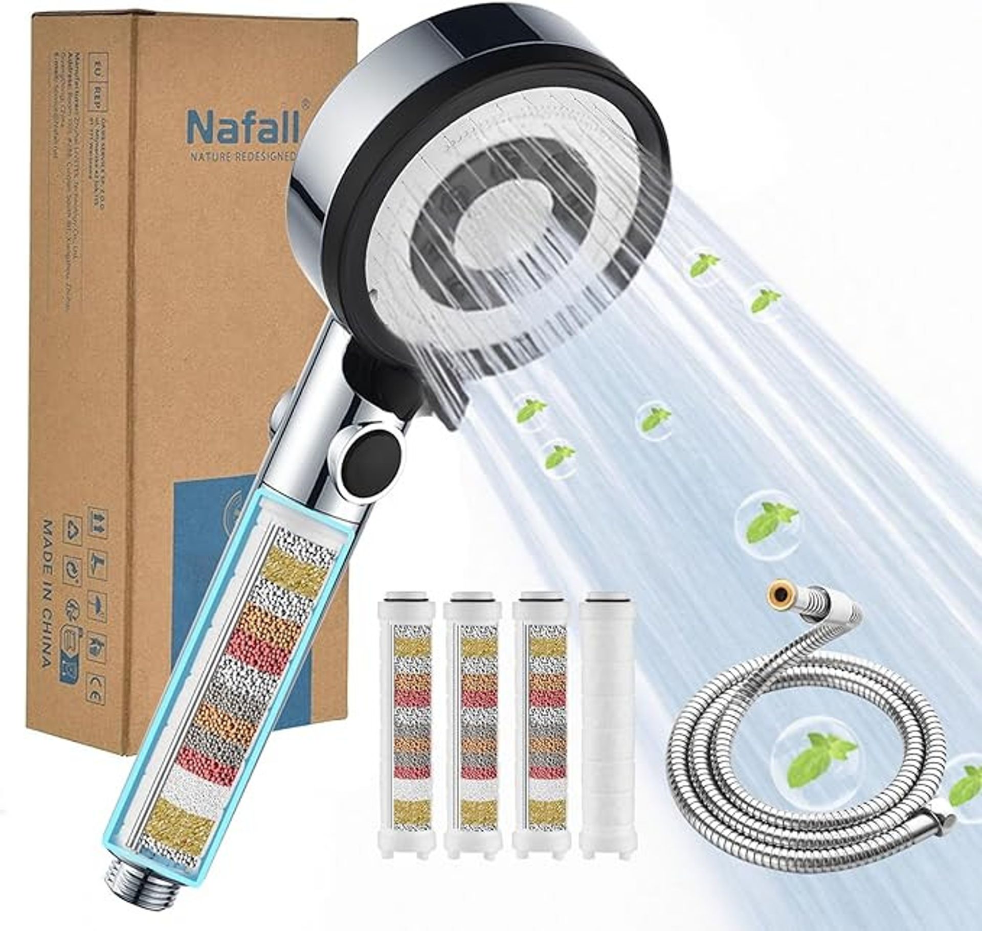 High Pressure Handheld Shower Head 5 Spray Modes with Filter & Pause Switch - Chrome Black With Hose