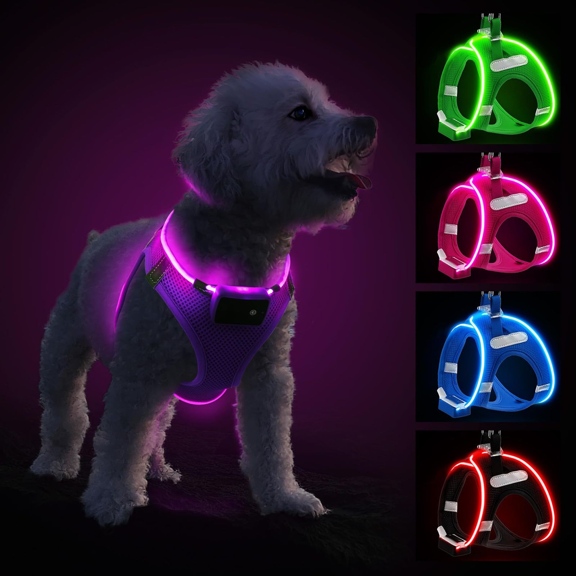 Light Up Dog Harness Rechargeable LED Waterproof Reflective for Night Walking with 3 Light Modes - Purple XS